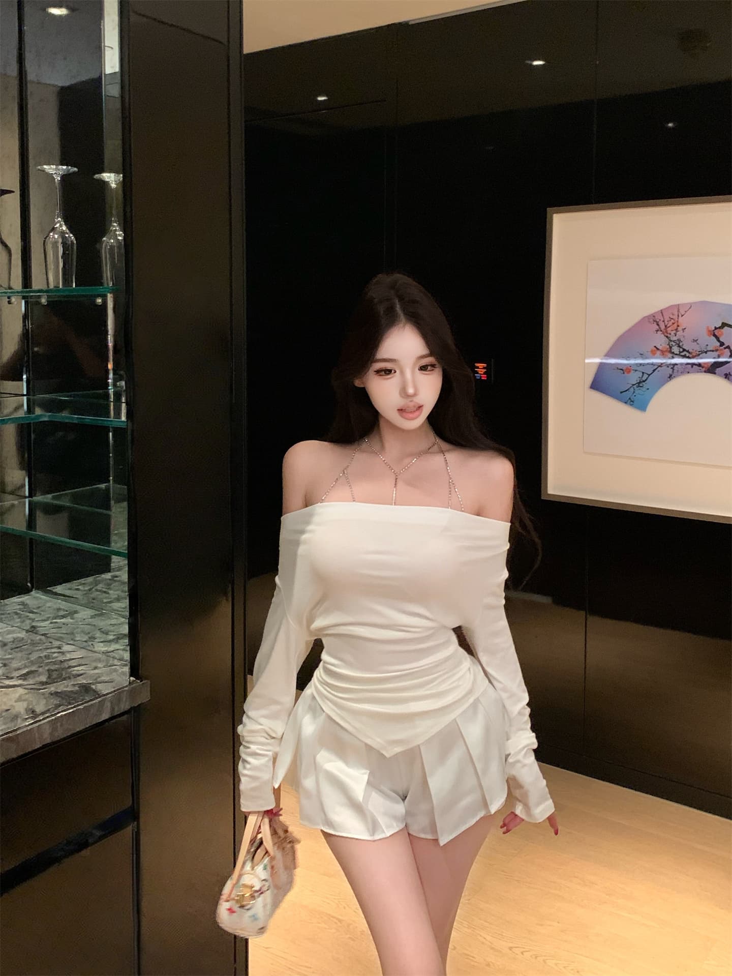 실사 정가 실버 클로 스타일 섹시함 몸 목걸이 오프숄더 긴팔 화이트 레이스 조각 치마바지 상세 이미지 7