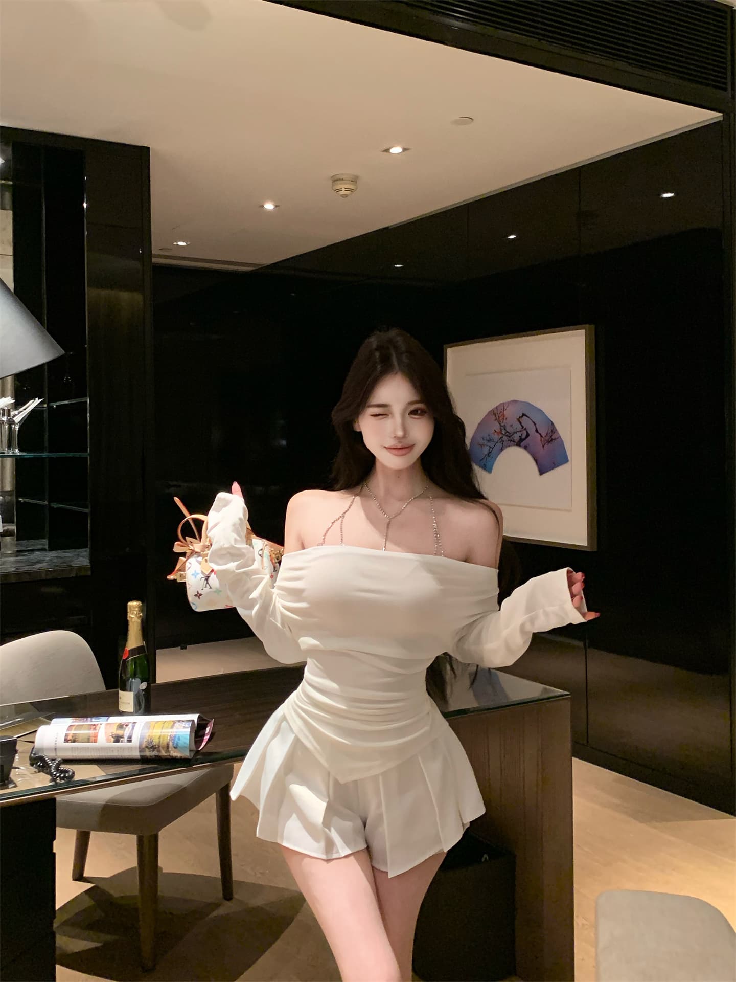 실사 정가 실버 클로 스타일 섹시함 몸 목걸이 오프숄더 긴팔 화이트 레이스 조각 치마바지 상세 이미지 9