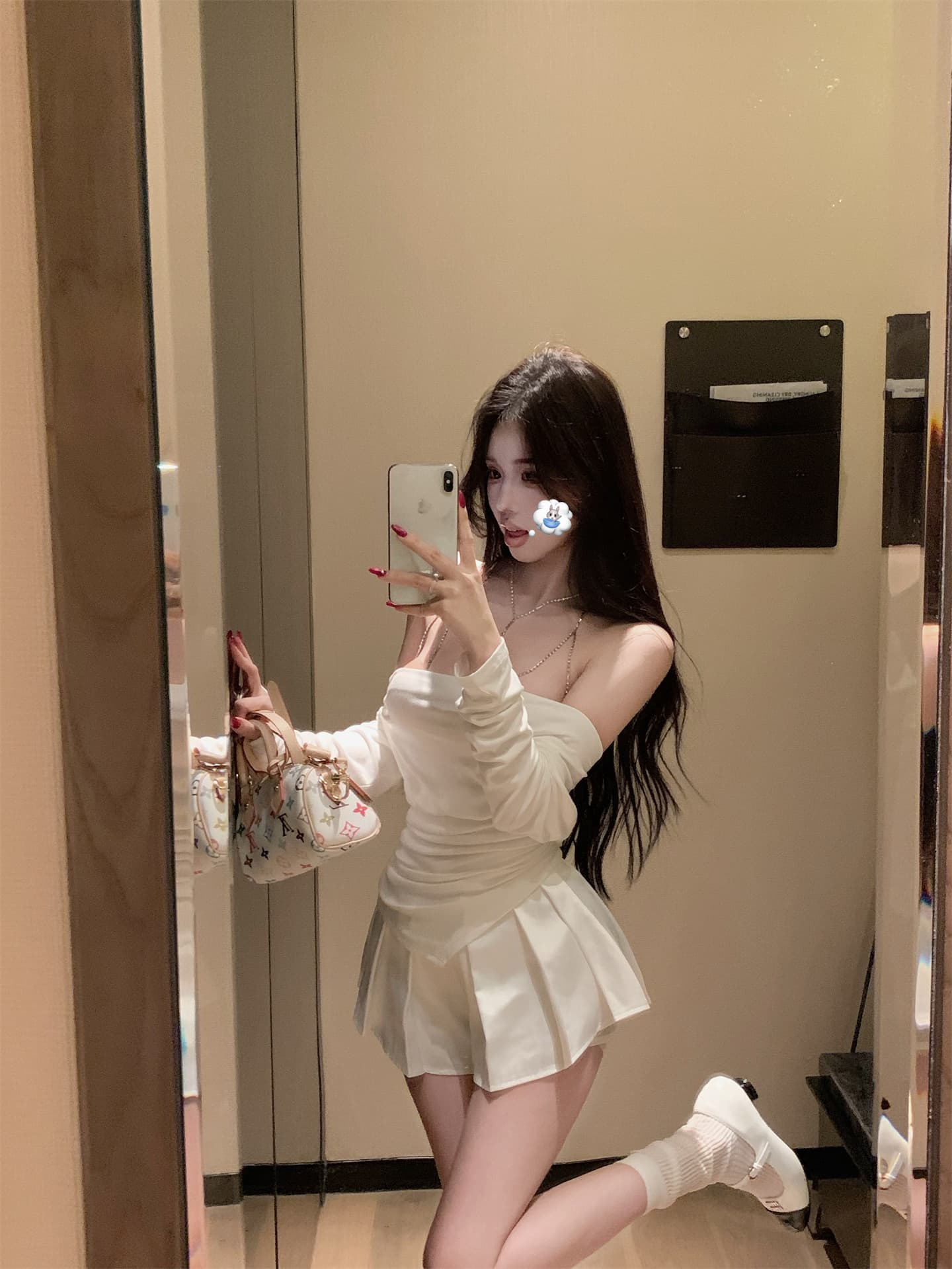 실사 정가 실버 클로 스타일 섹시함 몸 목걸이 오프숄더 긴팔 화이트 레이스 조각 치마바지 상세 이미지 12