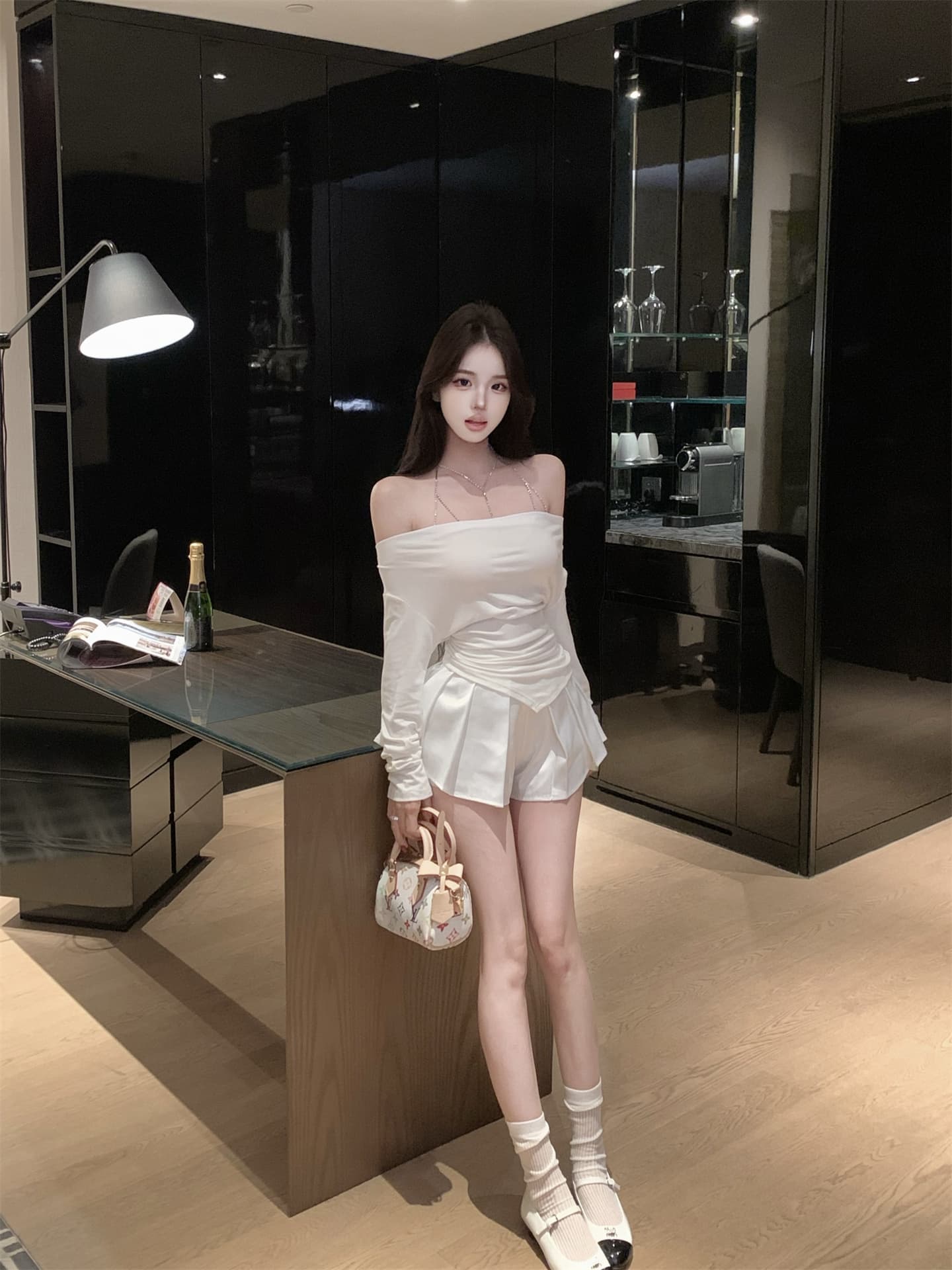 실사 정가 실버 클로 스타일 섹시함 몸 목걸이 오프숄더 긴팔 화이트 레이스 조각 치마바지 상세 이미지 16