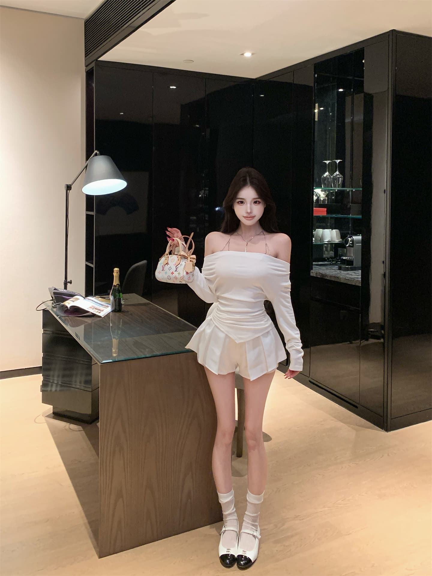 실사 정가 실버 클로 스타일 섹시함 몸 목걸이 오프숄더 긴팔 화이트 레이스 조각 치마바지 상세 이미지 17