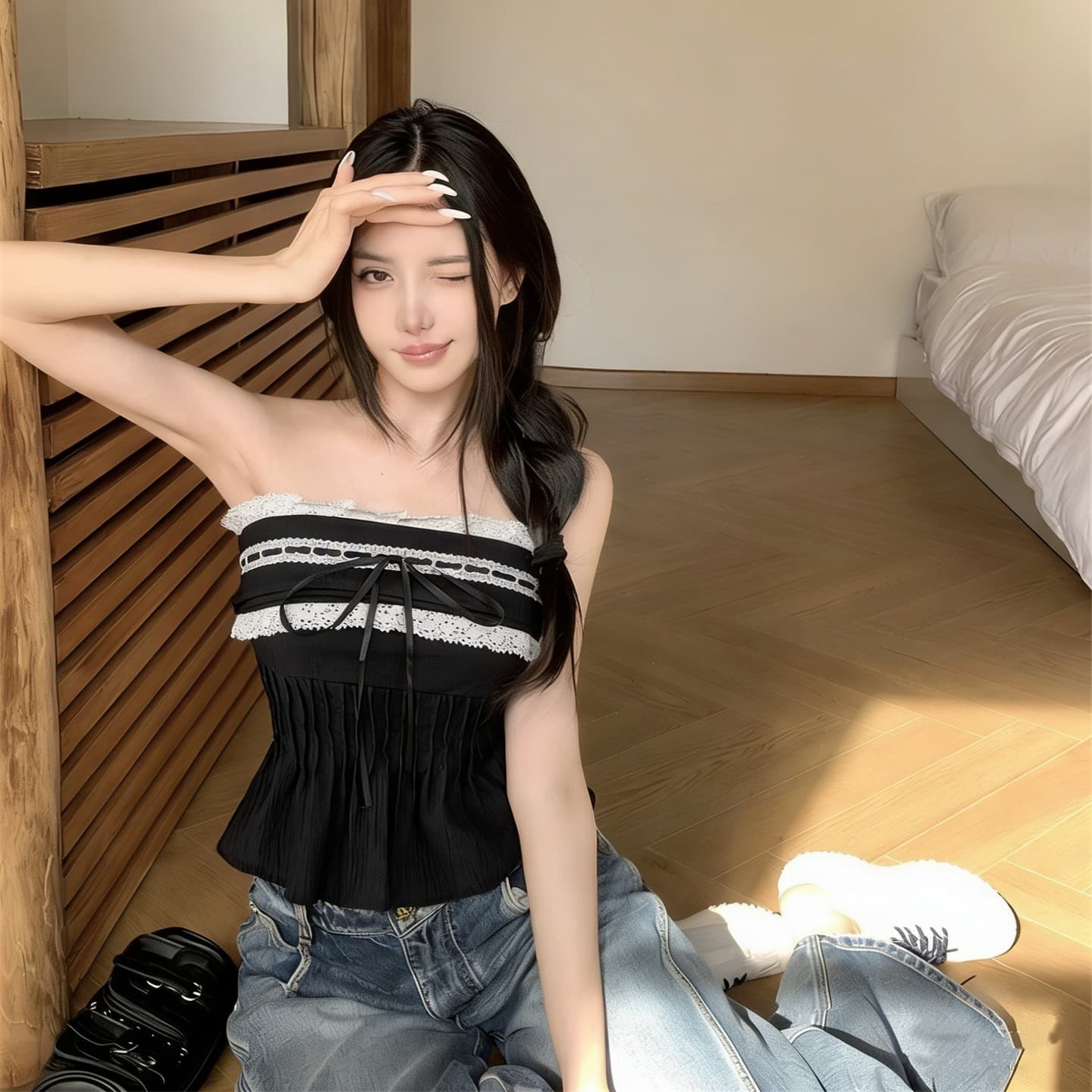 실사 정가 레이스 민소매 오프숄더 스트랩 캐미솔 허리 수축 튜브탑 이미지 5