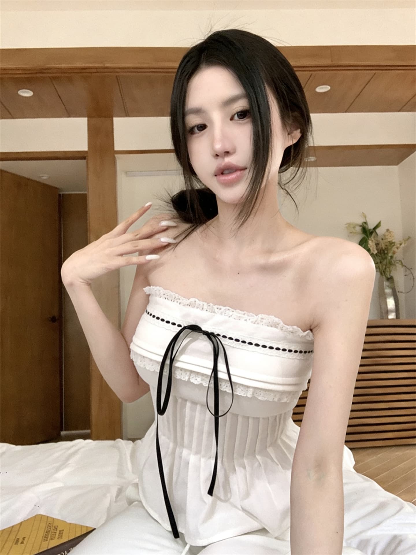 실사 정가 레이스 민소매 오프숄더 스트랩 캐미솔 허리 수축 튜브탑 상세 이미지 1