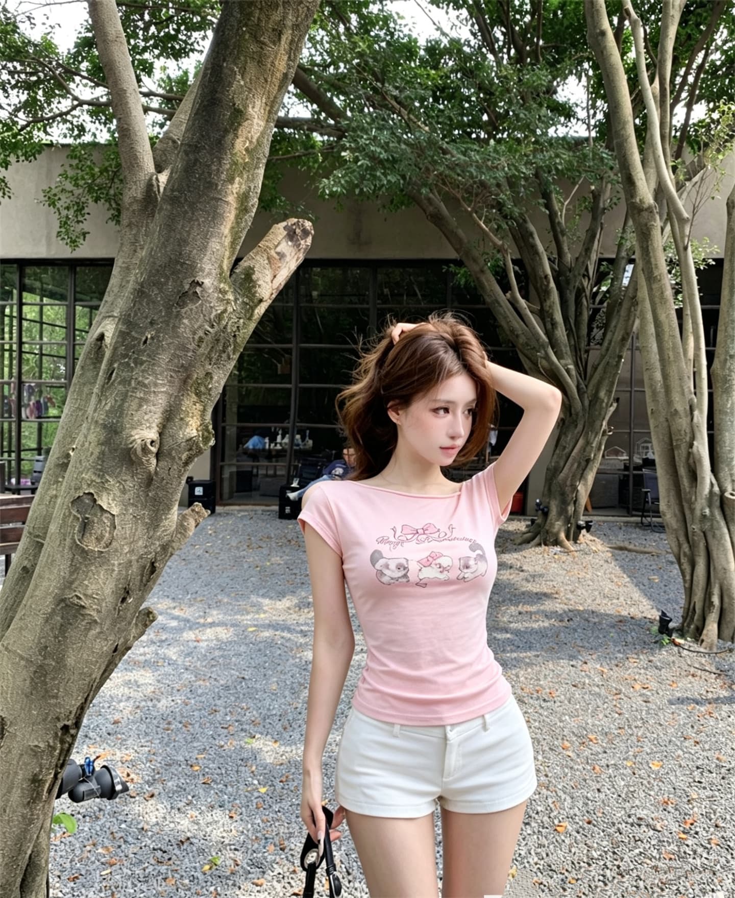 실사 정가 흔들다 칼라 비스듬한 어깨 오프숄더 고양이 프린트 티셔츠 맨위 상세 이미지 6