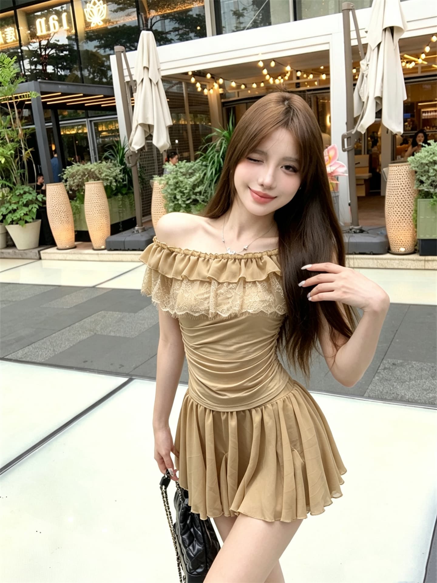 실사 정가 절묘한 레이스 조각 오프숄더 맨위 품격 프릴 도루 센스 미니 스커트 이미지 4