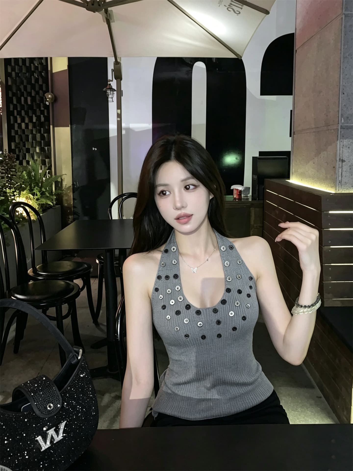 실사 정가 심장 기계 디자인 센스 단추 백리스 u 칼라 행침 목 조끼 상세 이미지 1