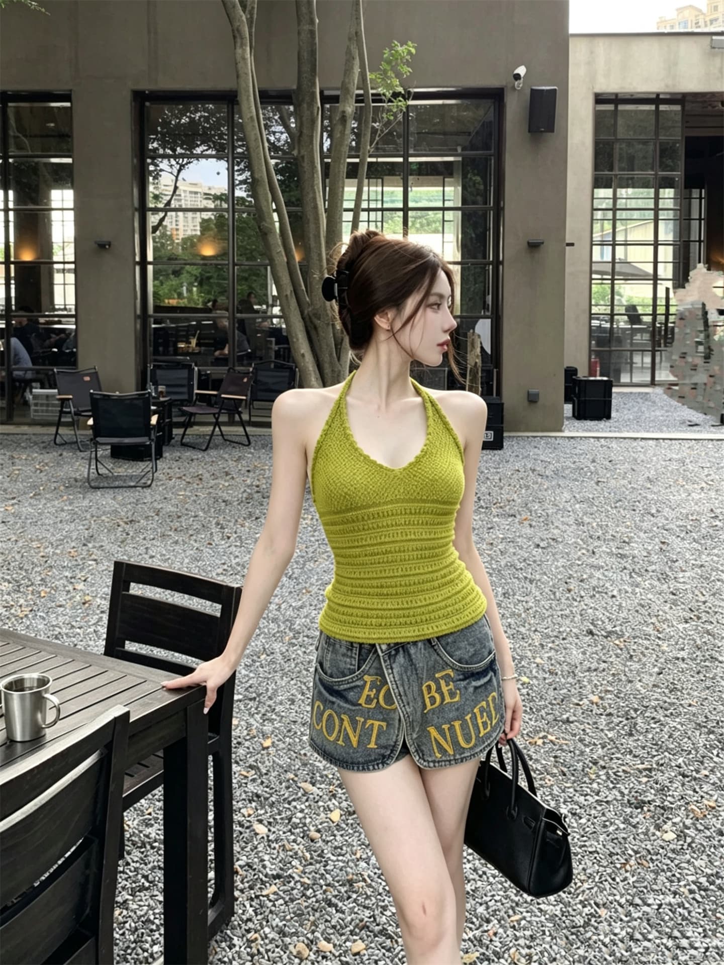 실사 정가 부드러운 부서 자수 니트 행침 목 백리스 레이스업 조끼 상세 이미지 8