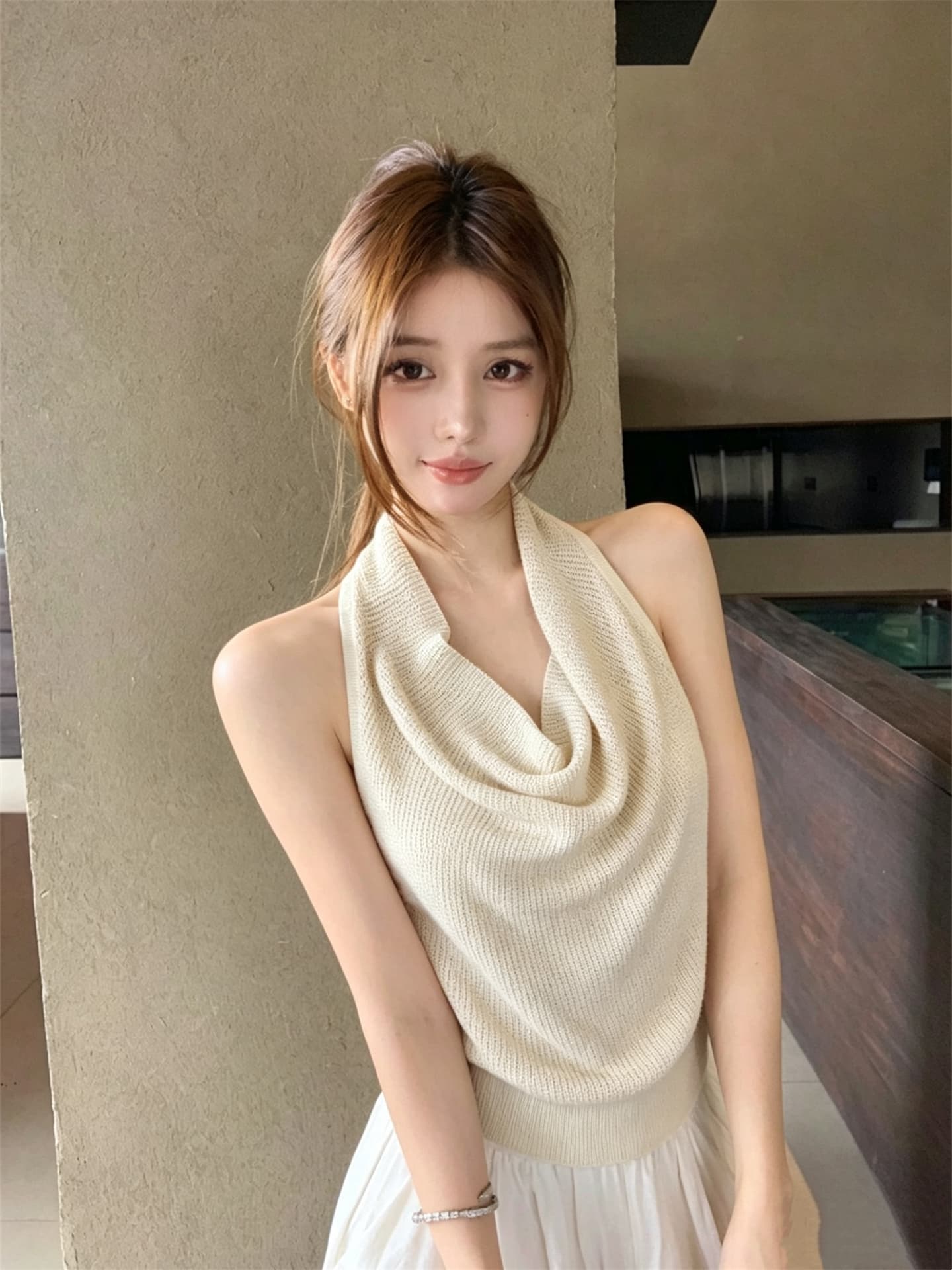 실사 정가 품격 행침 목 흔들다 칼라 매듭 백리스 슬림해 보이는 니트 조끼 상세 이미지 14