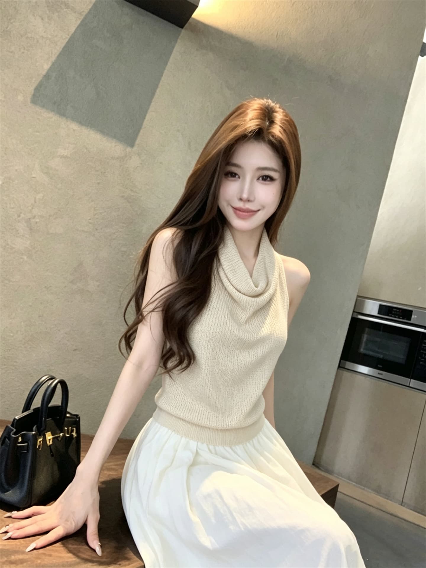 실사 정가 품격 행침 목 흔들다 칼라 매듭 백리스 슬림해 보이는 니트 조끼 상세 이미지 16
