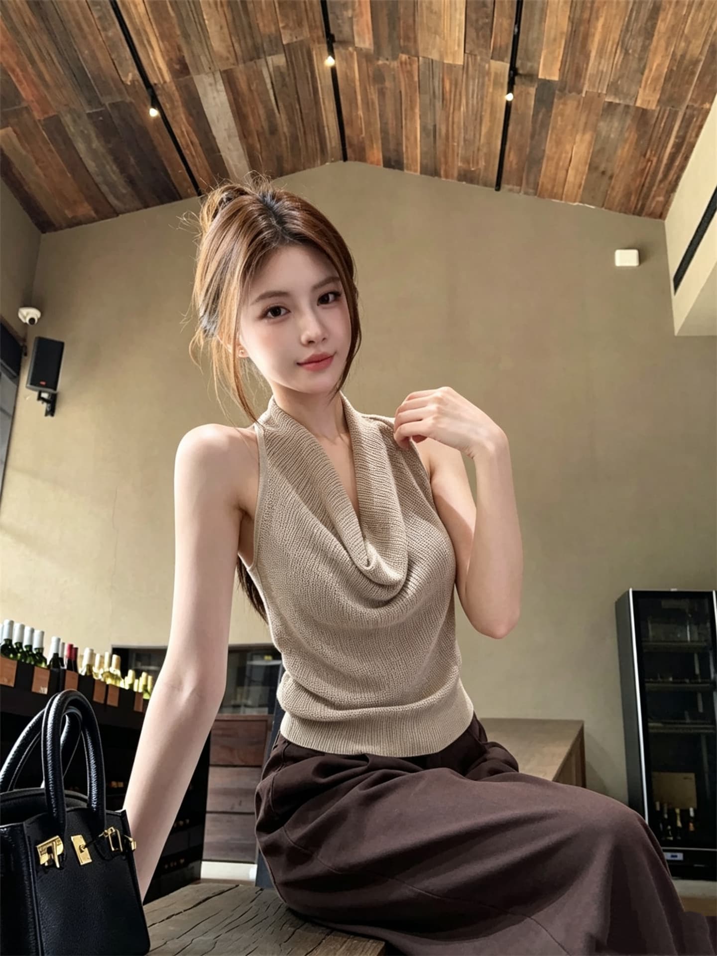 실사 정가 품격 행침 목 흔들다 칼라 매듭 백리스 슬림해 보이는 니트 조끼 상세 이미지 19
