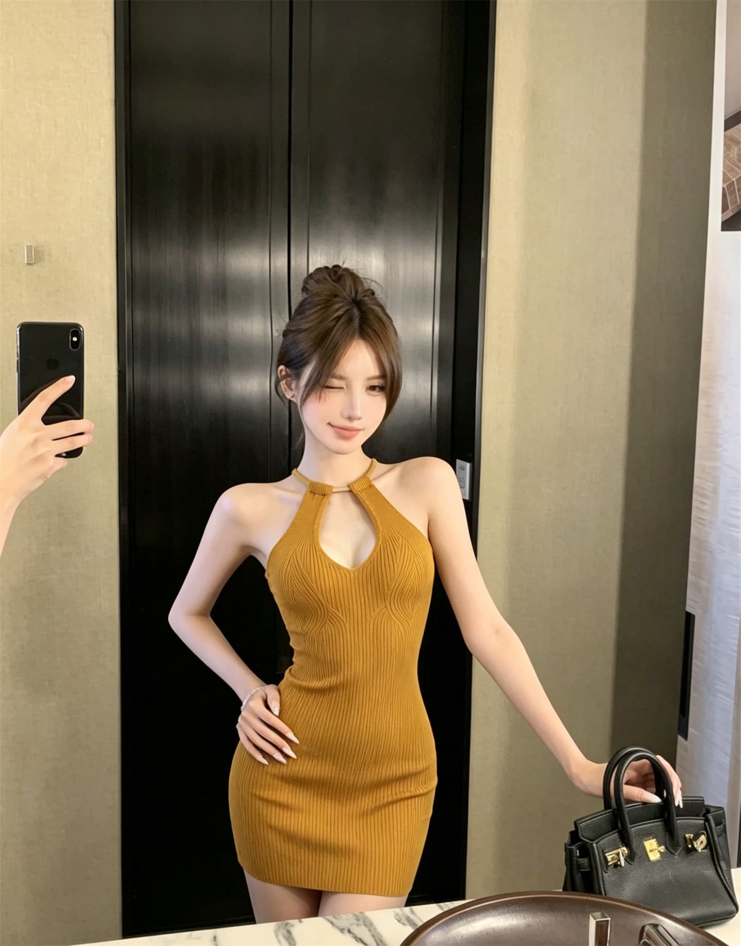 실사 정가 홀로우 아웃 니트 섹시함 몸매 가꾸기 타이트 스커트 허리 수축 행침 목 드레스 상세 이미지 7