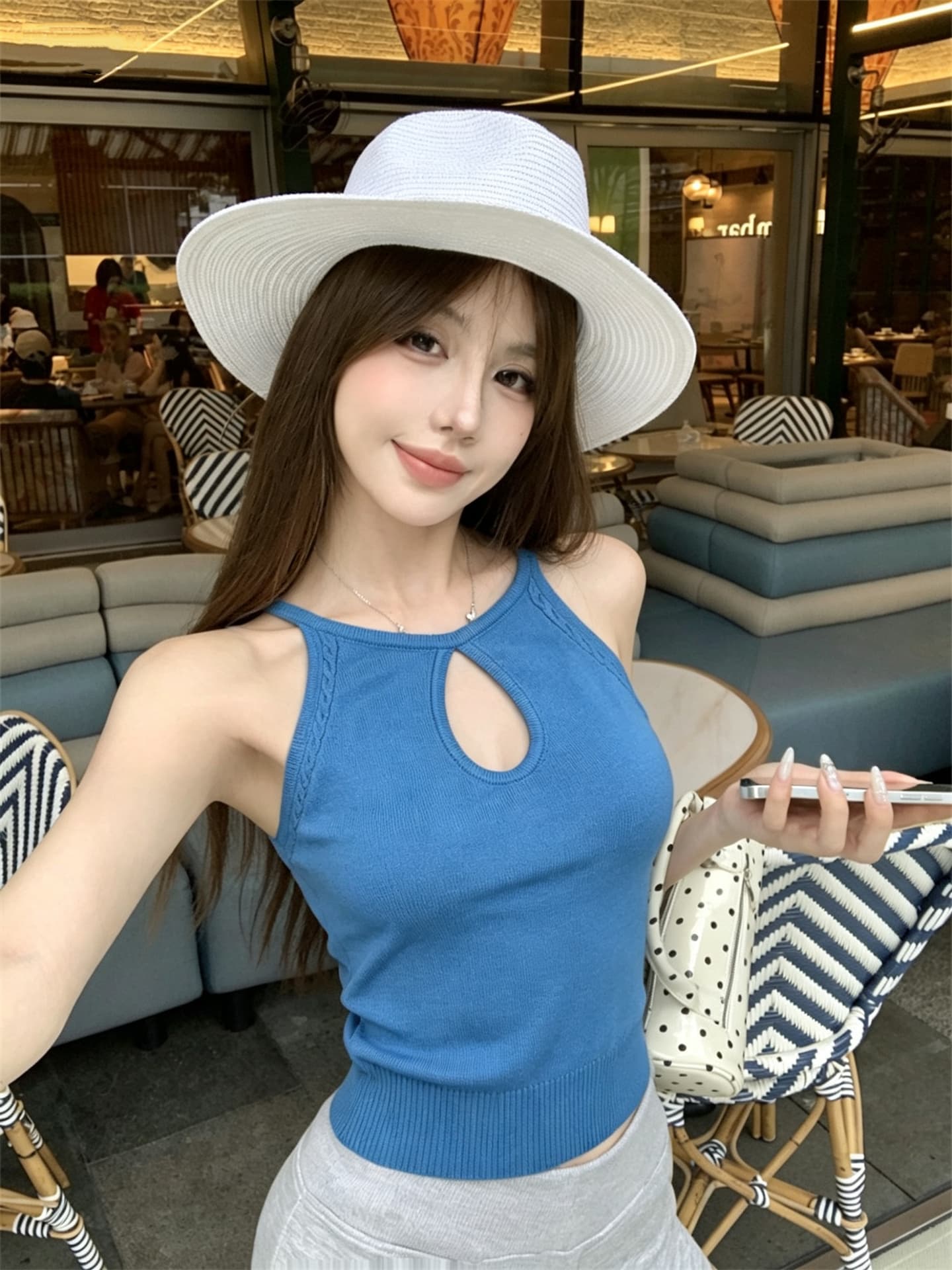 실사 정가 미니멀리즘 홀로우 아웃 다용도 행침 목 니트 조끼 이미지 4