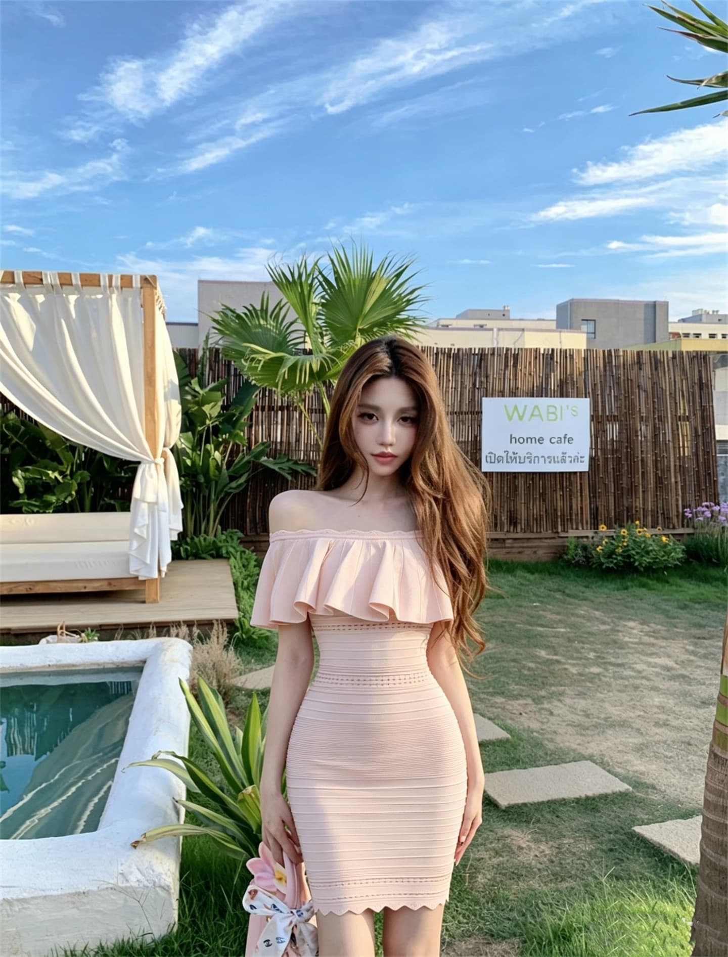 실사 정가 프릴 오프숄더 몸매 가꾸기 드레스 상세 이미지 8
