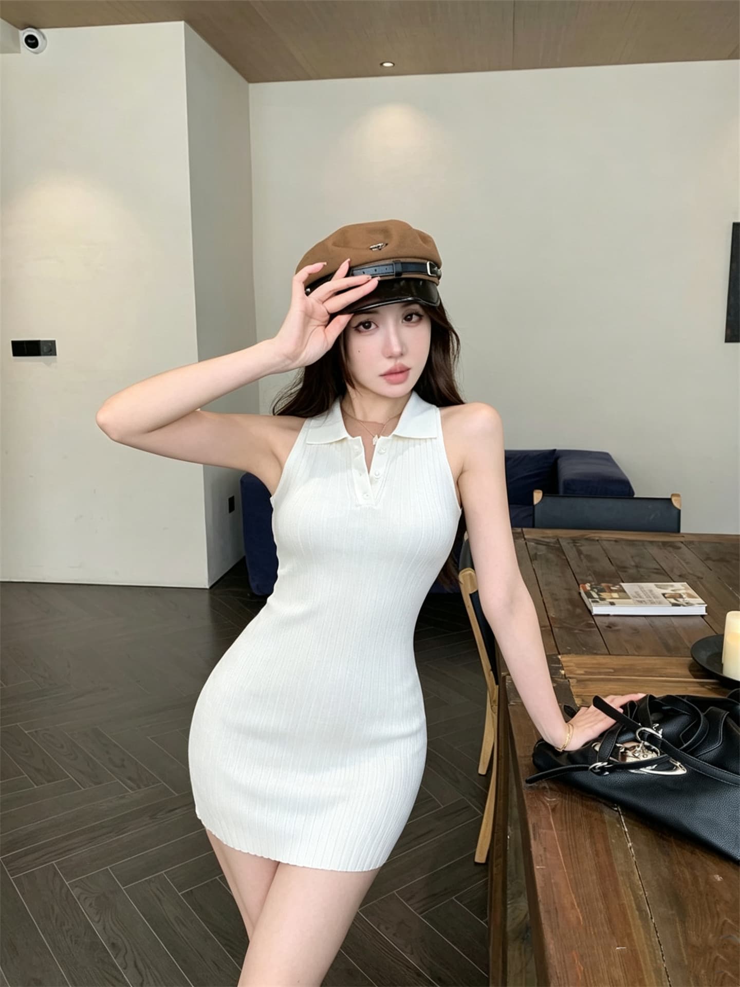 실사 정가 미니멀리즘 다용도 단색 폴로 칼라 민소매 조끼 몸매 가꾸기 드레스 상세 이미지 16
