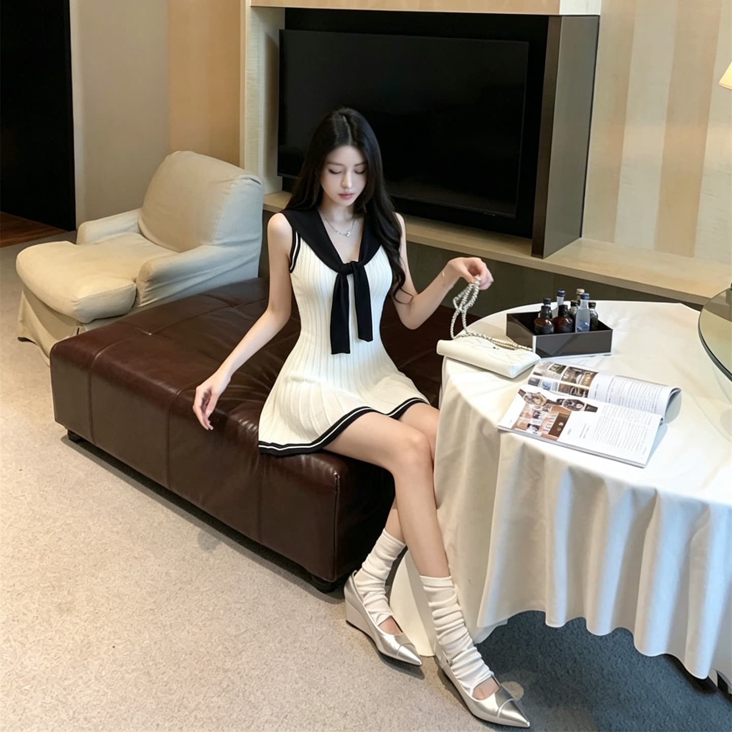 실사 정가 부드러운 바람 허리 수축 슬림해 보이는 배색 니트 숄 조끼 원피스 투피스 세트 이미지 5