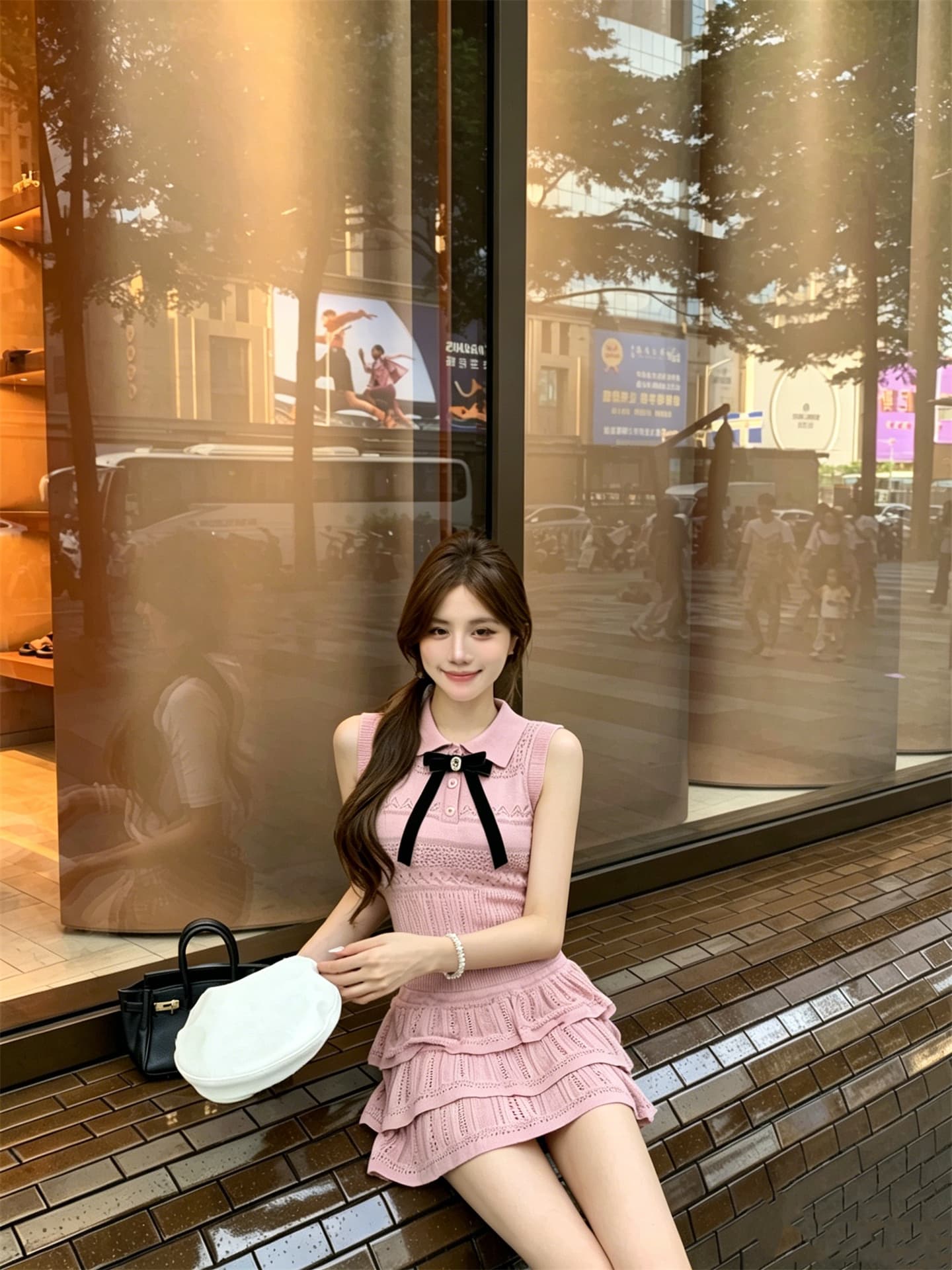실사 정가 소녀 센스 폴로 칼라 나비 매듭 니트 조끼 프릴 반 스커트 세트 이미지 2