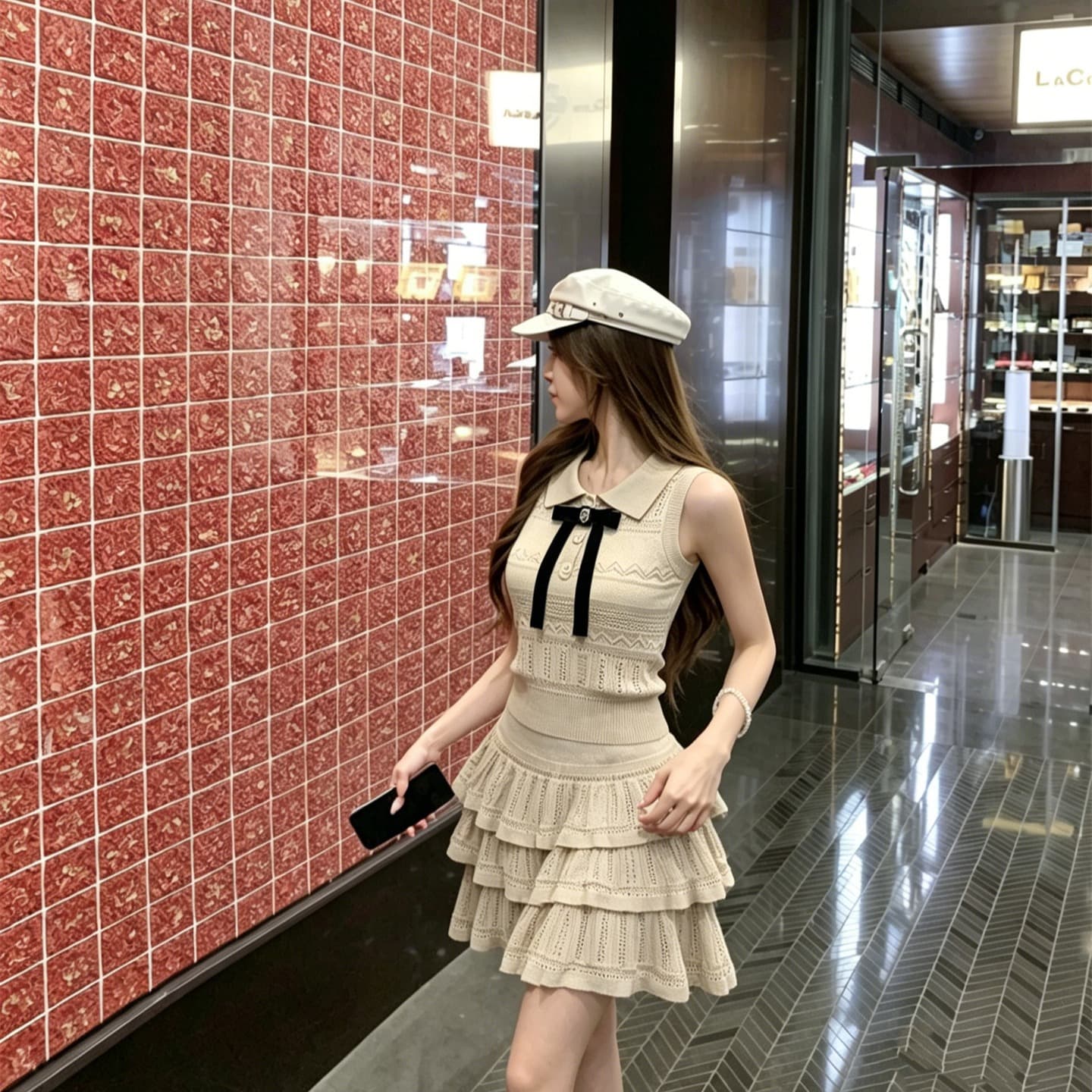 실사 정가 소녀 센스 폴로 칼라 나비 매듭 니트 조끼 프릴 반 스커트 세트 이미지 5