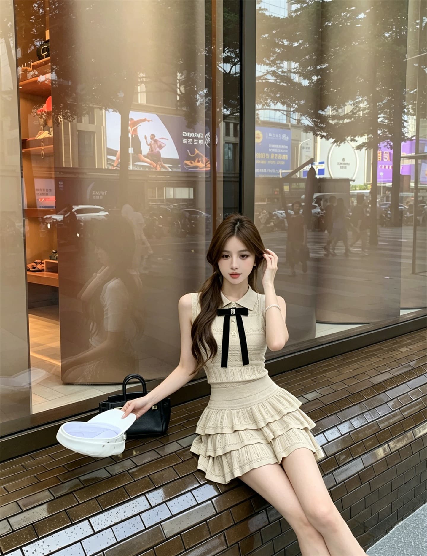 실사 정가 소녀 센스 폴로 칼라 나비 매듭 니트 조끼 프릴 반 스커트 세트 상세 이미지 7