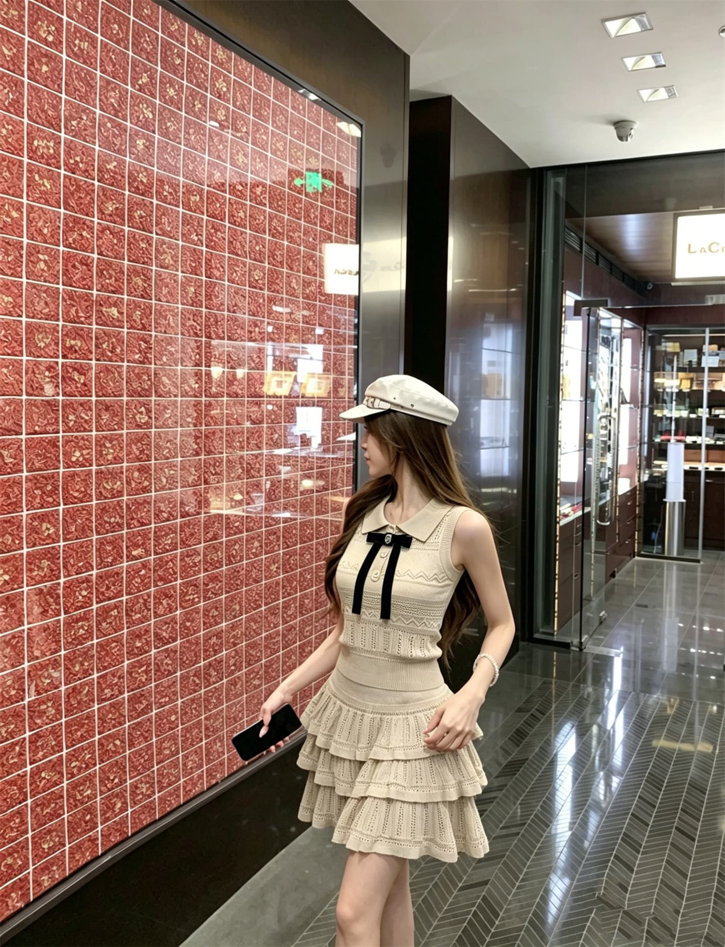 실사 정가 소녀 센스 폴로 칼라 나비 매듭 니트 조끼 프릴 반 스커트 세트 상세 이미지 9