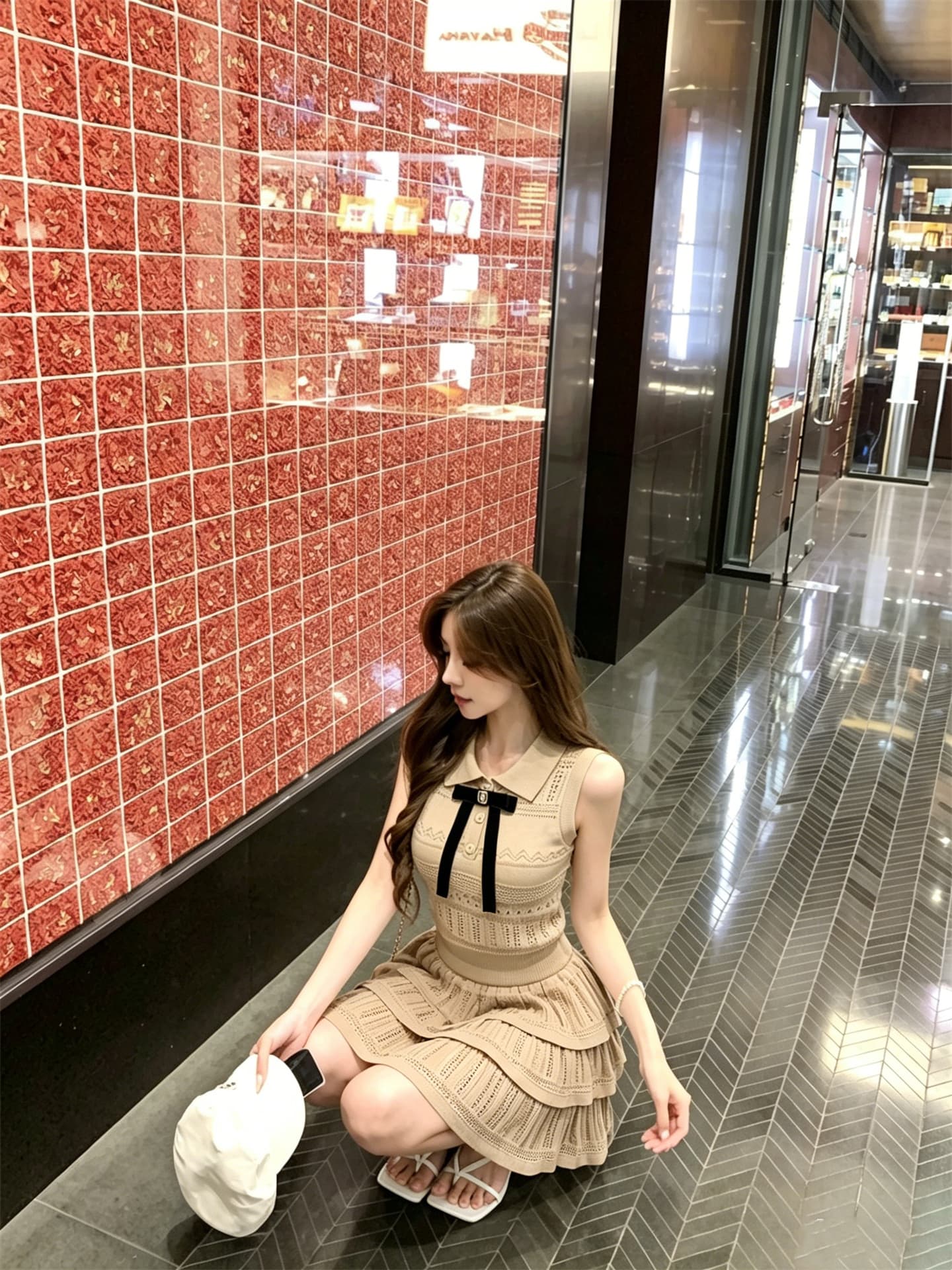 실사 정가 소녀 센스 폴로 칼라 나비 매듭 니트 조끼 프릴 반 스커트 세트 상세 이미지 10
