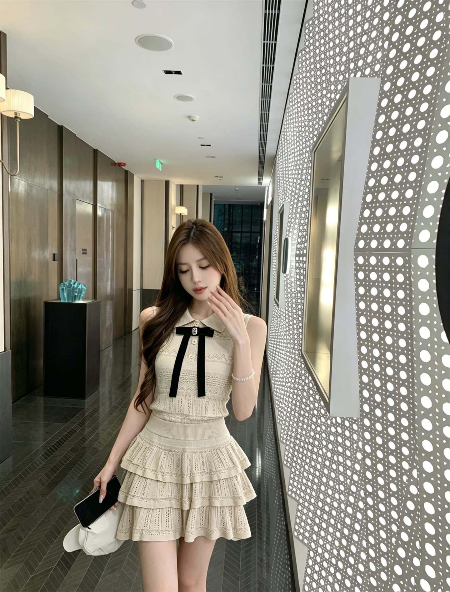 실사 정가 소녀 센스 폴로 칼라 나비 매듭 니트 조끼 프릴 반 스커트 세트 상세 이미지 11