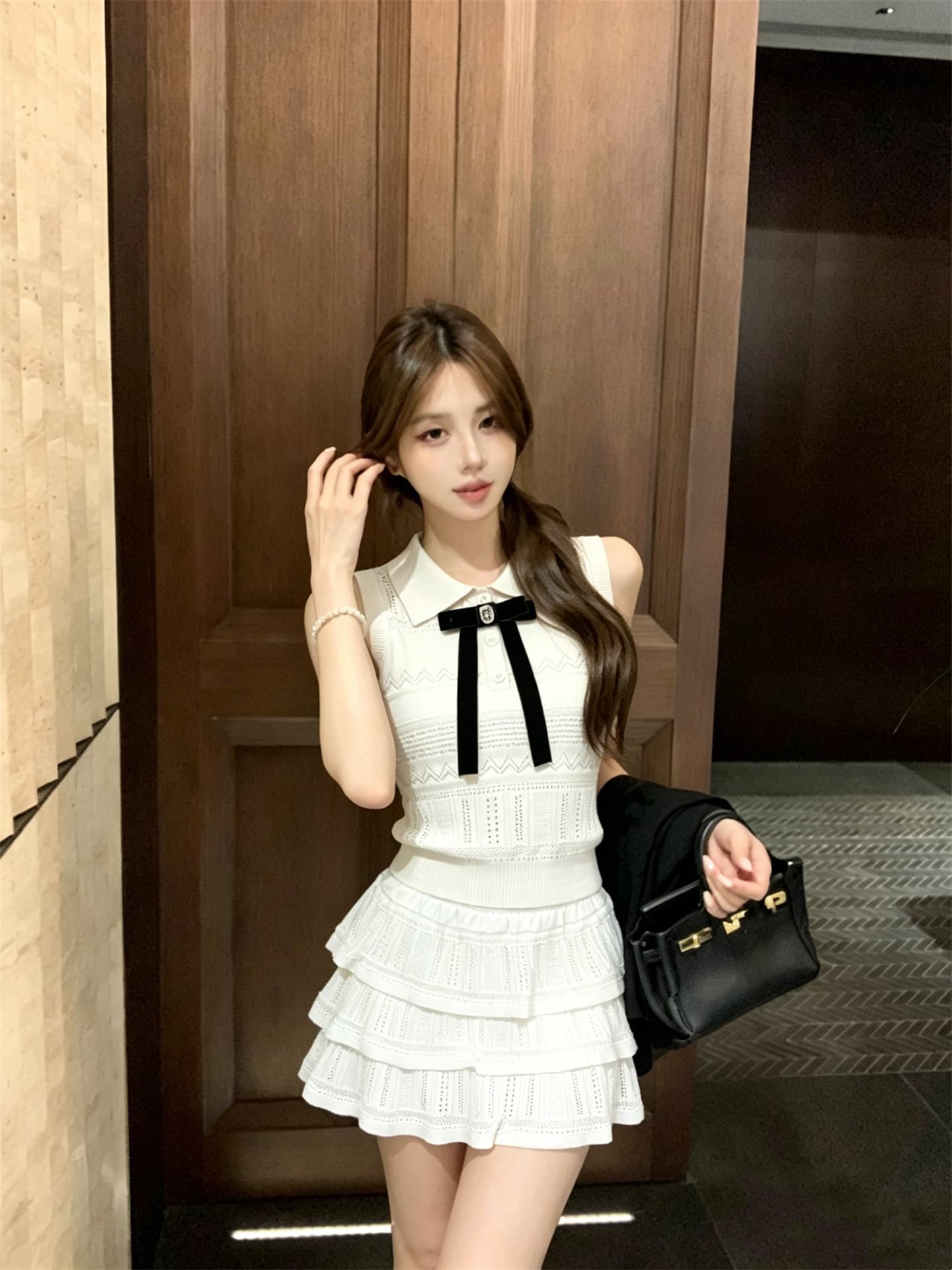 실사 정가 소녀 센스 폴로 칼라 나비 매듭 니트 조끼 프릴 반 스커트 세트 상세 이미지 12