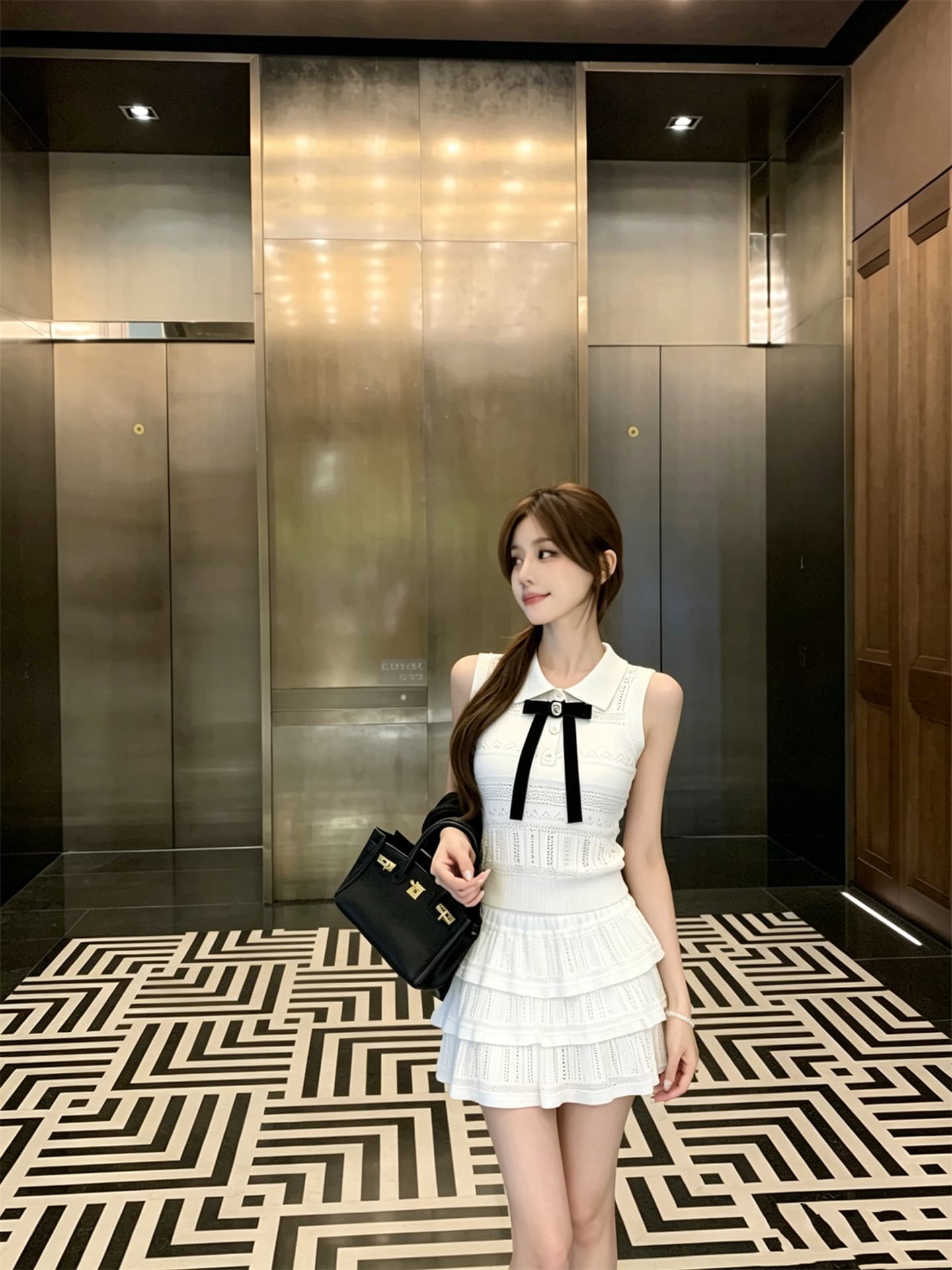 실사 정가 소녀 센스 폴로 칼라 나비 매듭 니트 조끼 프릴 반 스커트 세트 상세 이미지 15