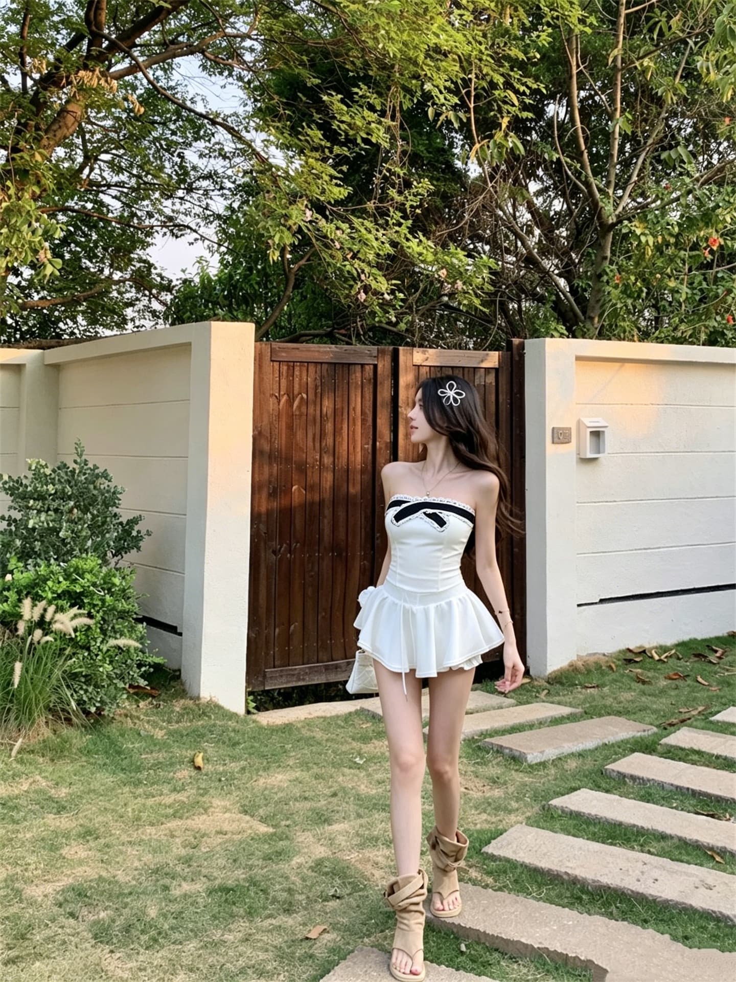 실사 정가 한 부서 패치워크 배색 튜브탑 조끼 하이웨이스트 퍼프 노출 방지 미니 스커트 상세 이미지 4