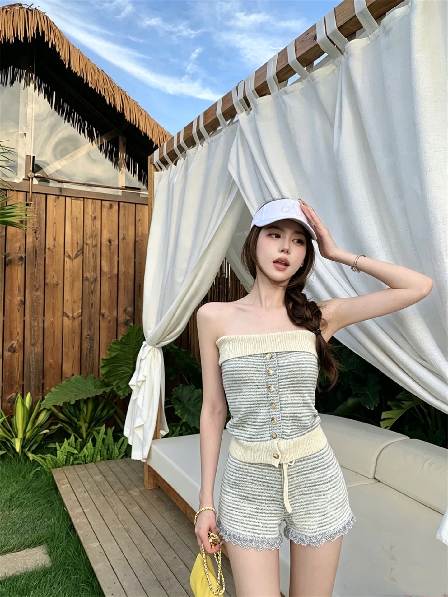 실사 정가 회색 스트라이프 튜브탑 작은 조끼 로우 웨이스트 스트레이트 타이트 스커트 반바지 세트 이미지 2