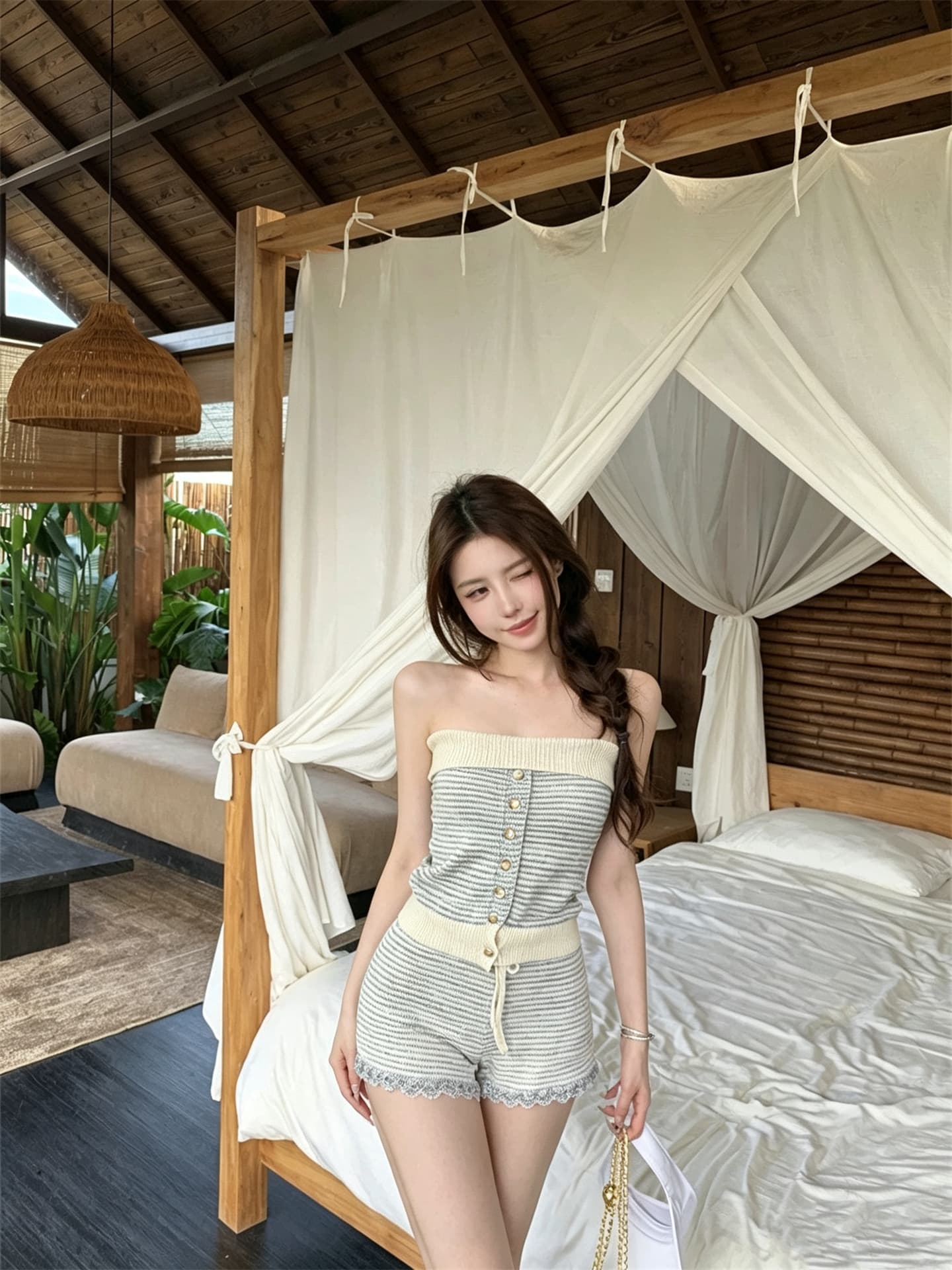 실사 정가 회색 스트라이프 튜브탑 작은 조끼 로우 웨이스트 스트레이트 타이트 스커트 반바지 세트 상세 이미지 2