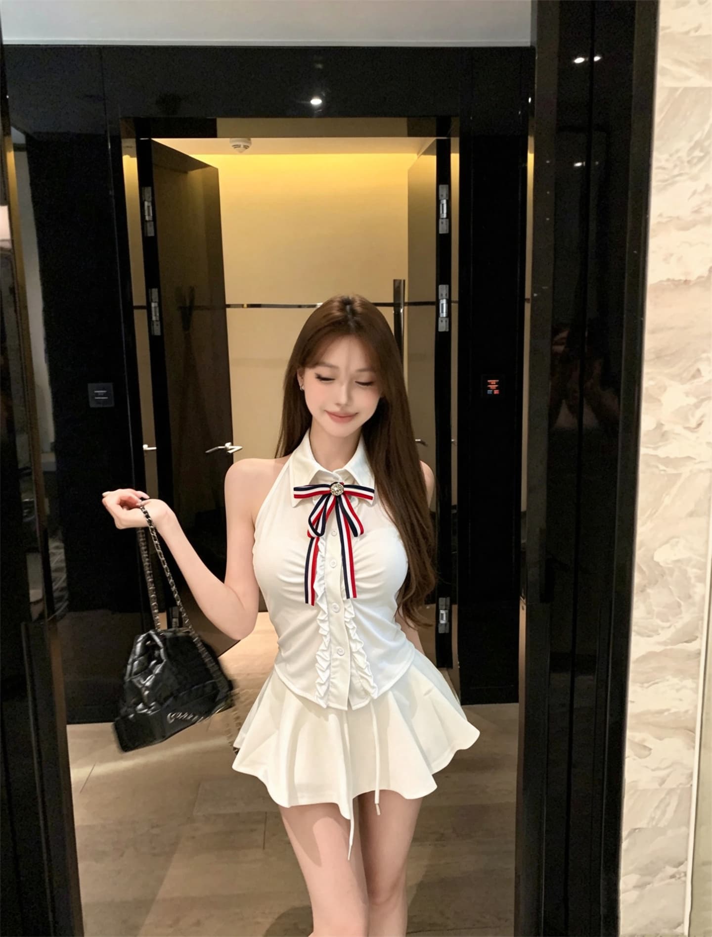 실사 정가 폴로 칼라 민소매 나비 매듭 몸매 가꾸기 조끼 맨위 하이웨이스트 퍼프 쇼트 스타일 치마바지 상세 이미지 8