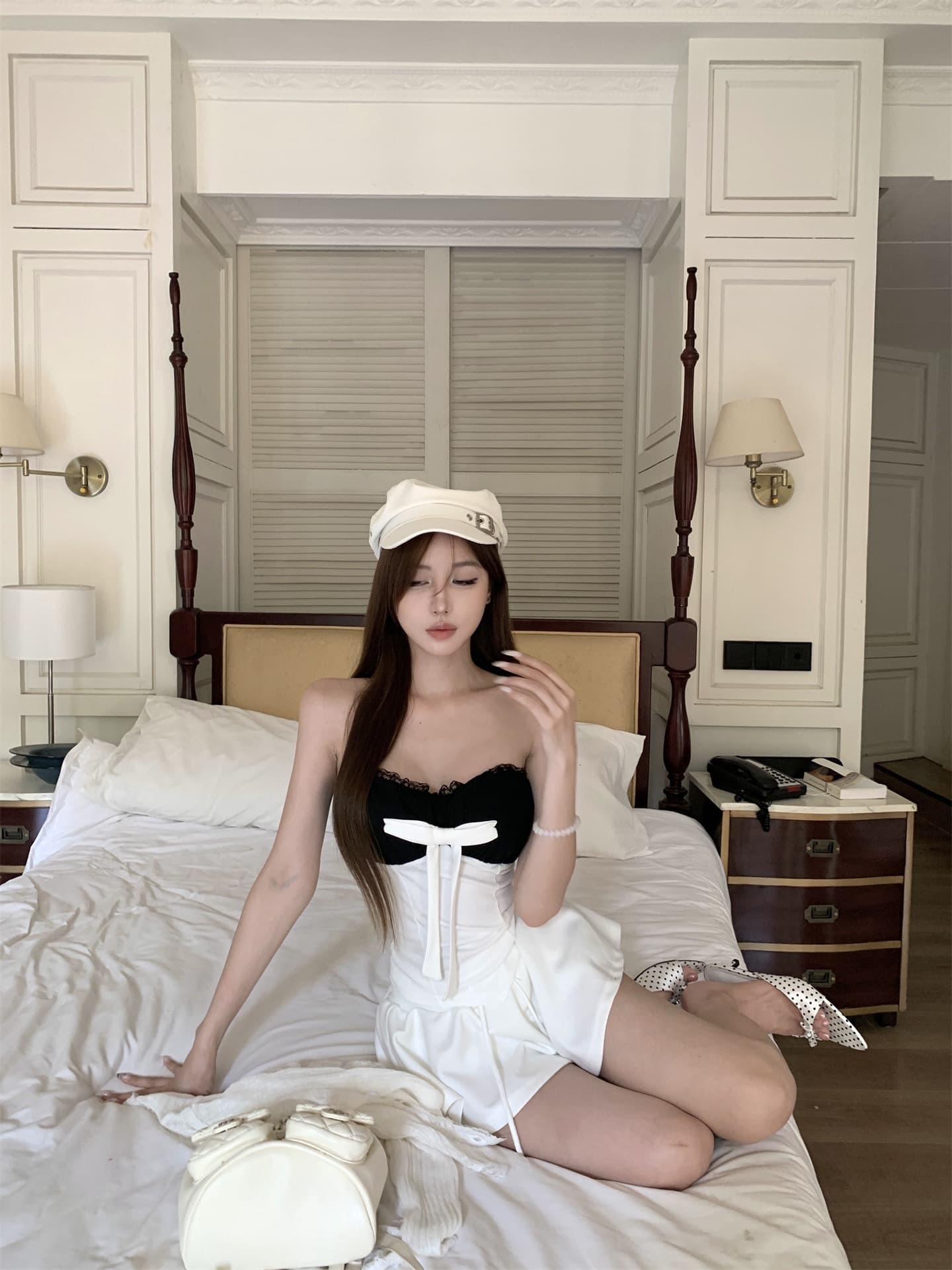실사 정가 장난기 넘치는 나비 매듭 레이스 패치워크 색상 튜브탑 프릴 니트 오픈 가디건 화이트 케이크 드레스 상세 이미지 10