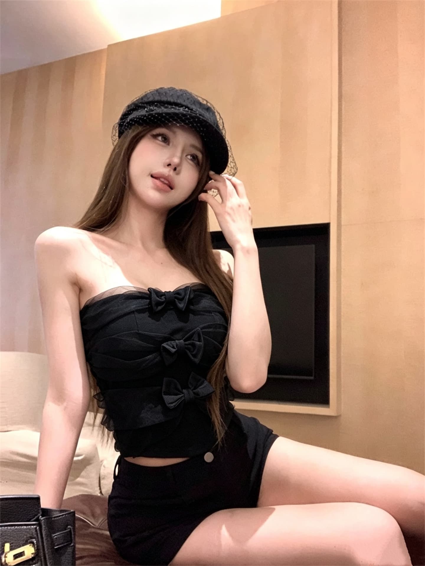 실사 정가 나비 매듭 배색 레이스 조각 벨트 가슴 패드 튜브탑 조끼 이미지 4
