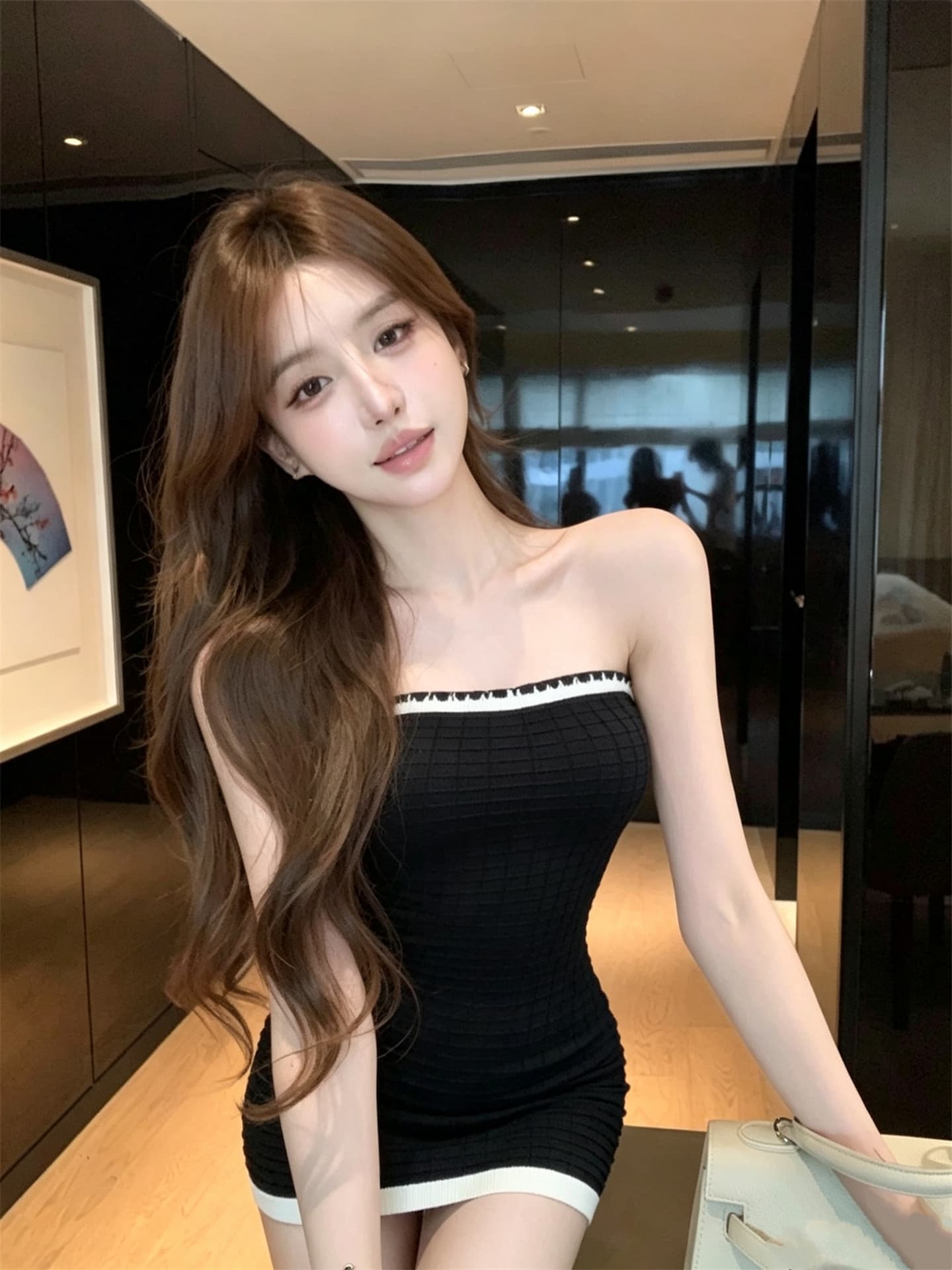 실사 정가 오래된 돈 바람 흑인과 백인 배색 후아 남편 그리드 튜브탑 몸매 가꾸기 드레스 상세 이미지 3