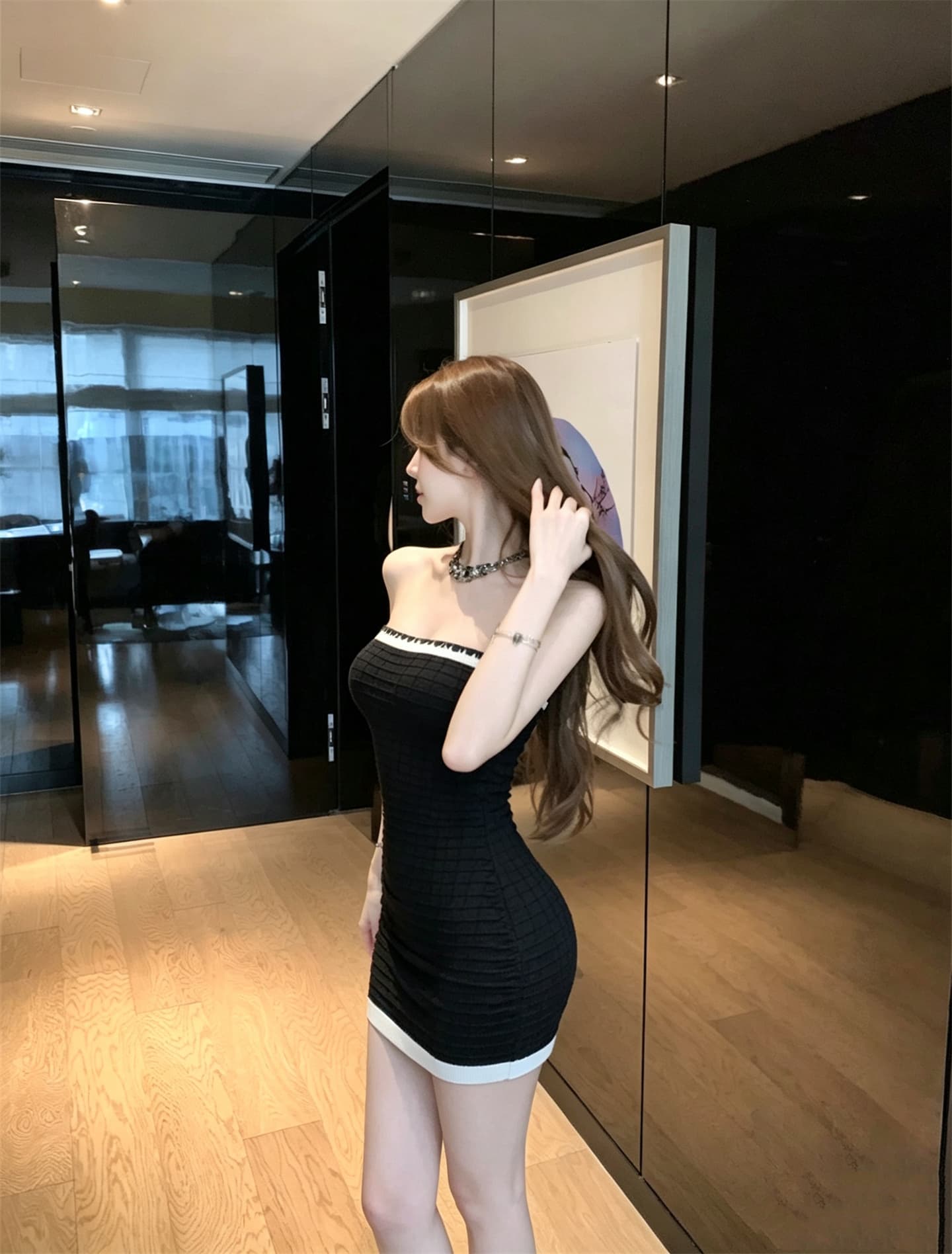 실사 정가 오래된 돈 바람 흑인과 백인 배색 후아 남편 그리드 튜브탑 몸매 가꾸기 드레스 상세 이미지 6