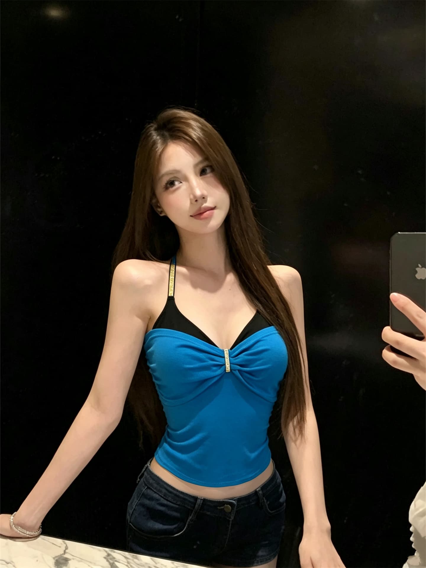 실사 정가 순수한 욕망 섹시함 패치워크 배색 페이크 레이어드 캐미솔 상세 이미지 2