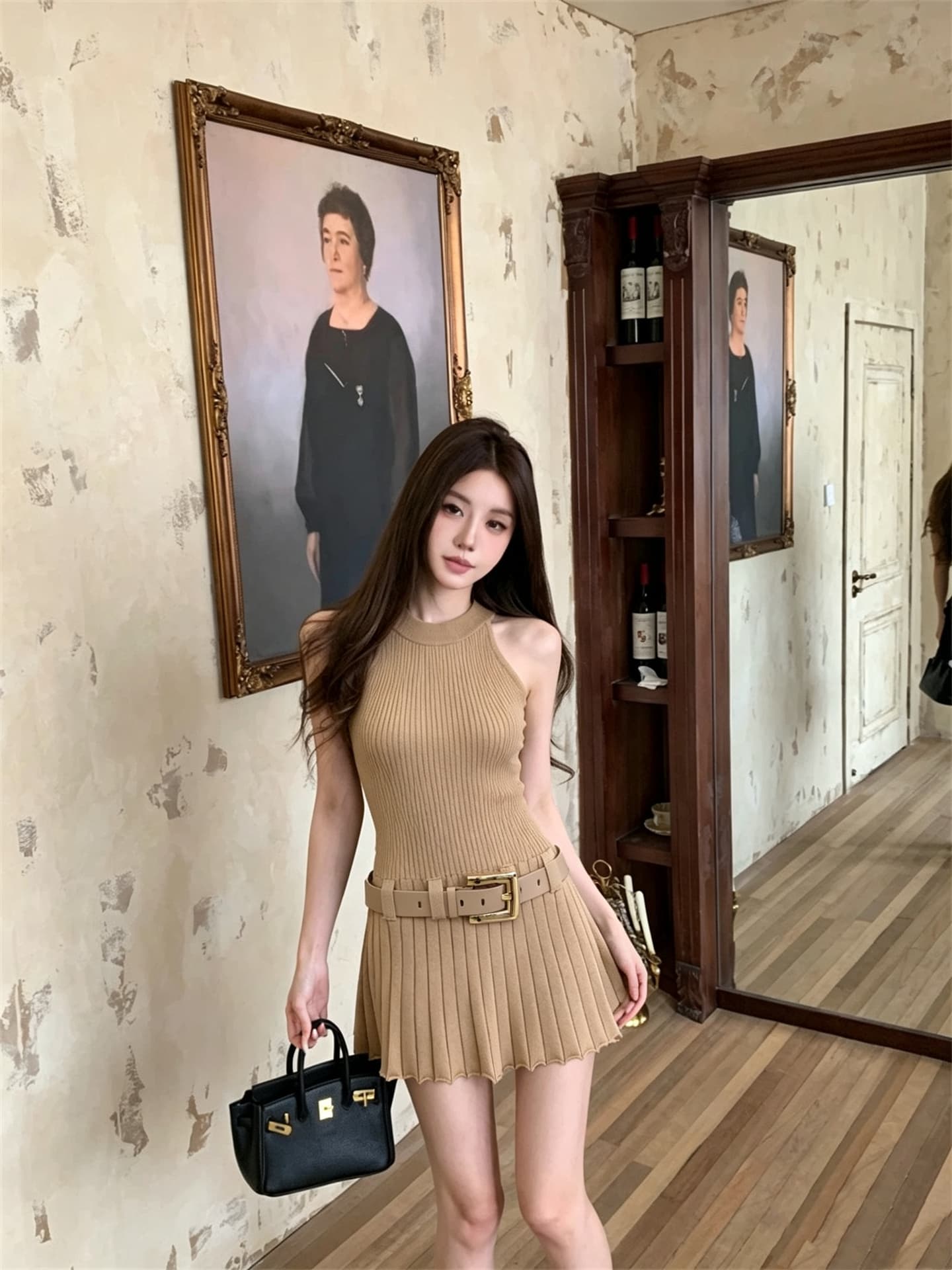 실사 정가 품격 천 골드 센스 몸매 가꾸기 벨트 니트 행침 목 드레스 상세 이미지 9