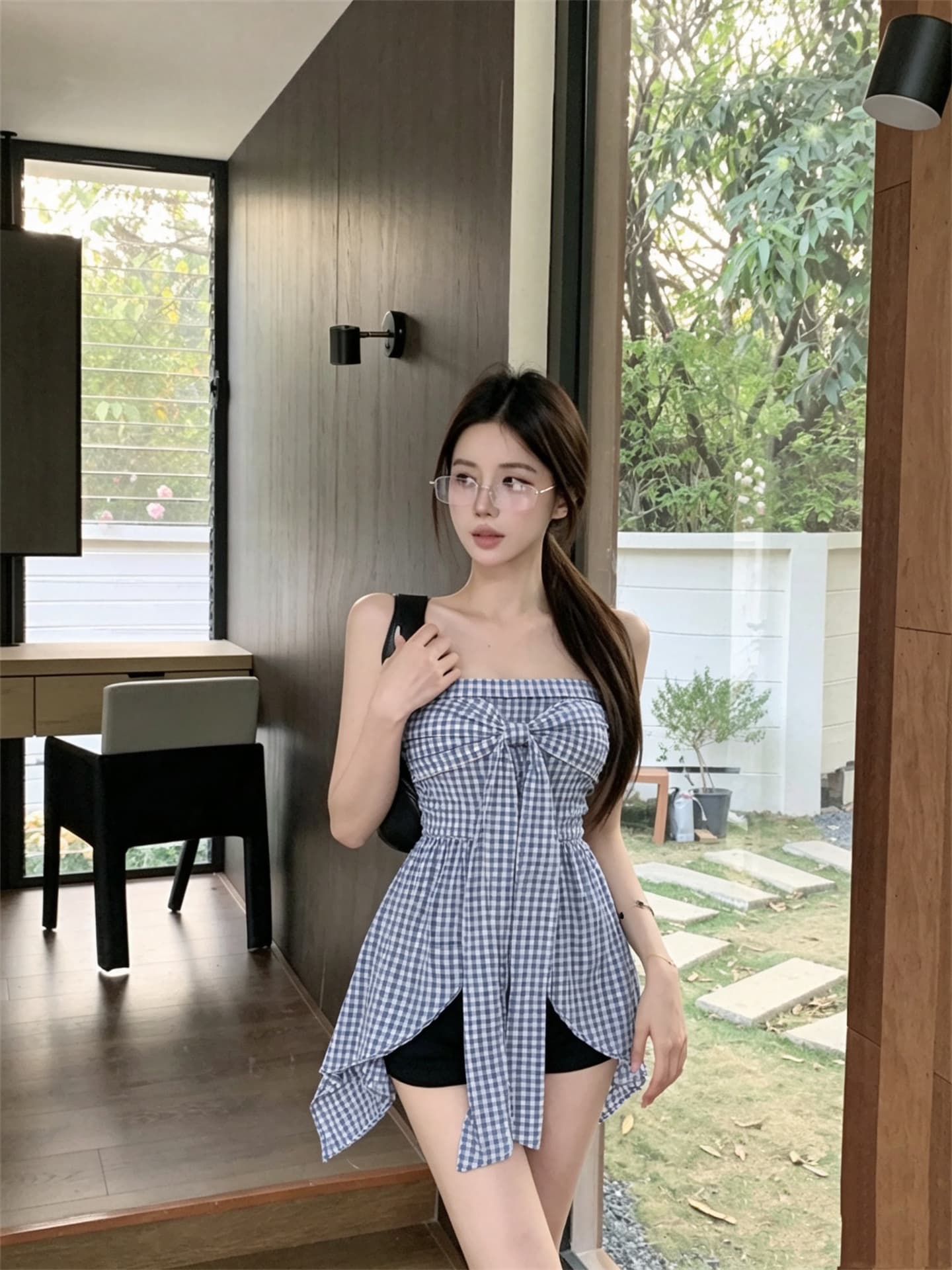 실사 정가 소녀 센스 연령 감소 체크무늬 부서 나비 매듭 튜브탑 조끼