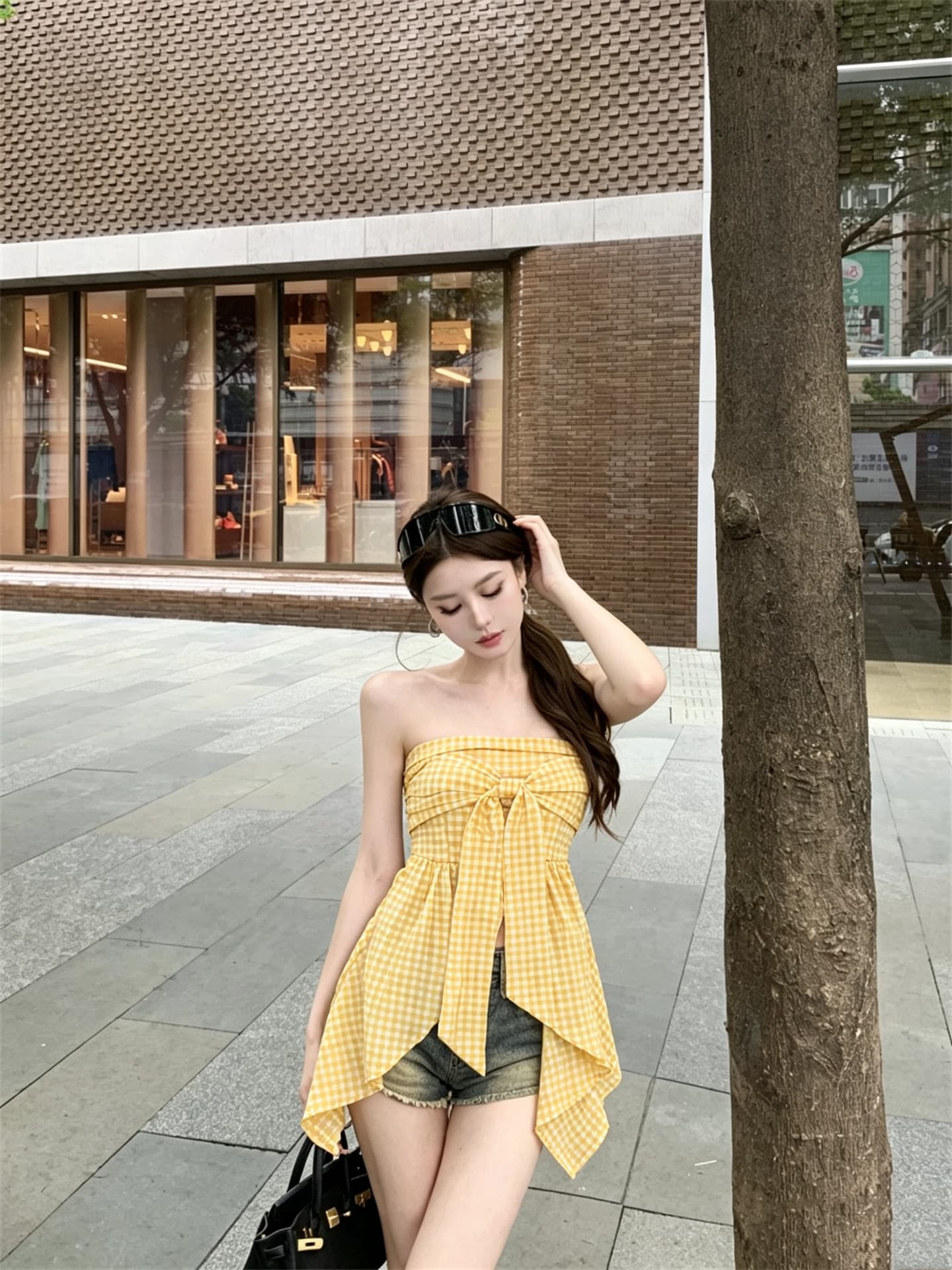 실사 정가 소녀 센스 연령 감소 체크무늬 부서 나비 매듭 튜브탑 조끼