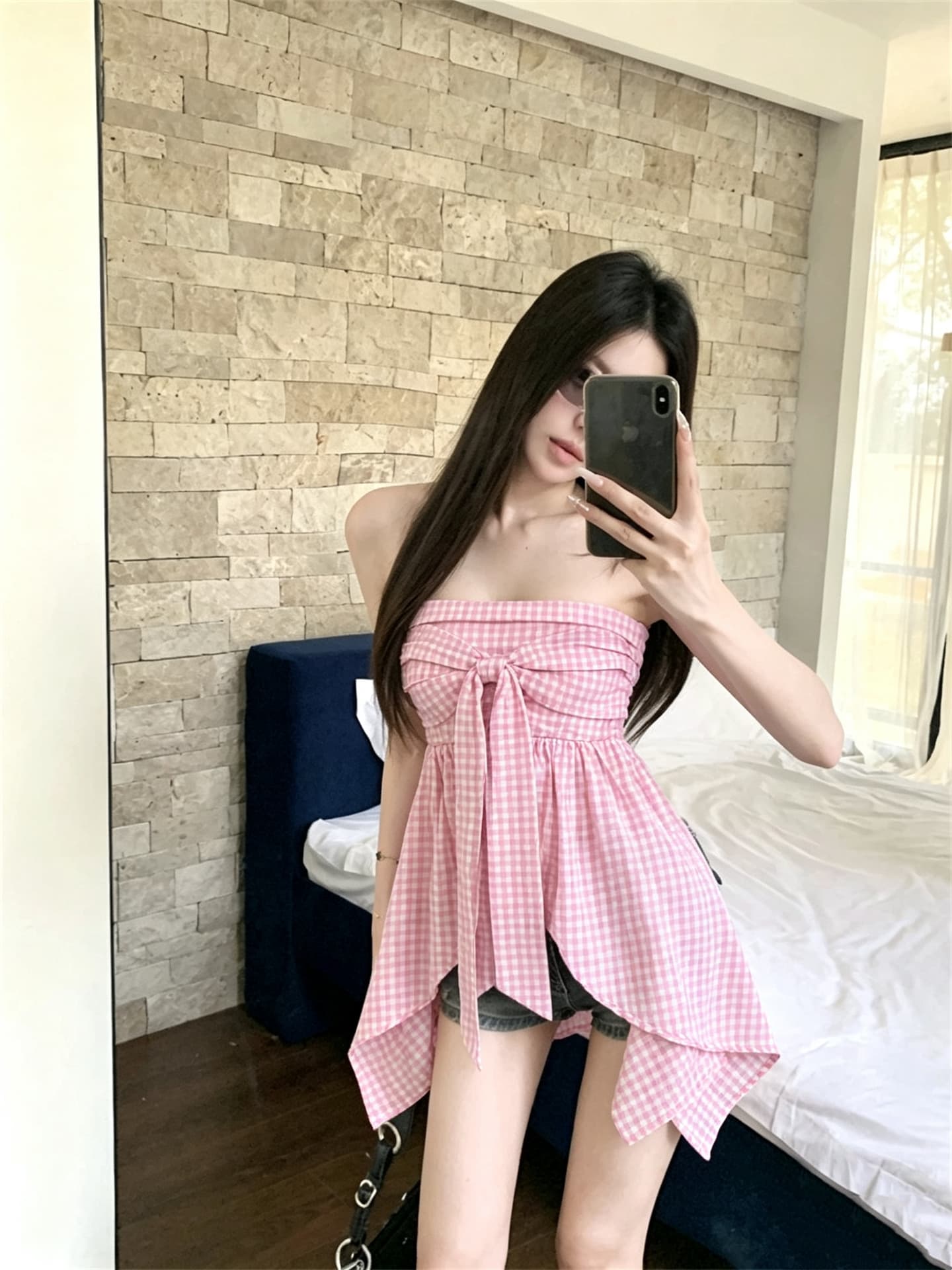 실사 정가 소녀 센스 연령 감소 체크무늬 부서 나비 매듭 튜브탑 조끼 상세 이미지 12