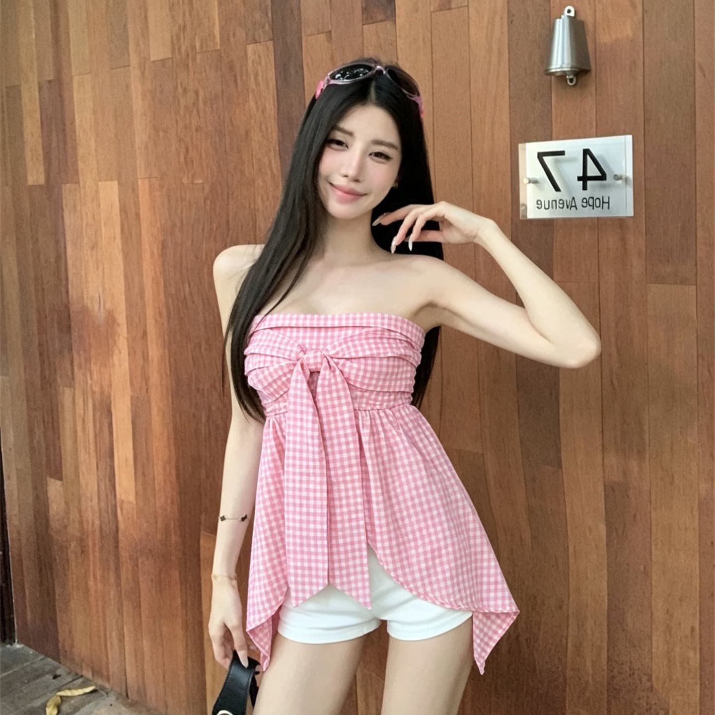 실사 정가 소녀 센스 연령 감소 체크무늬 부서 나비 매듭 튜브탑 조끼 이미지 5