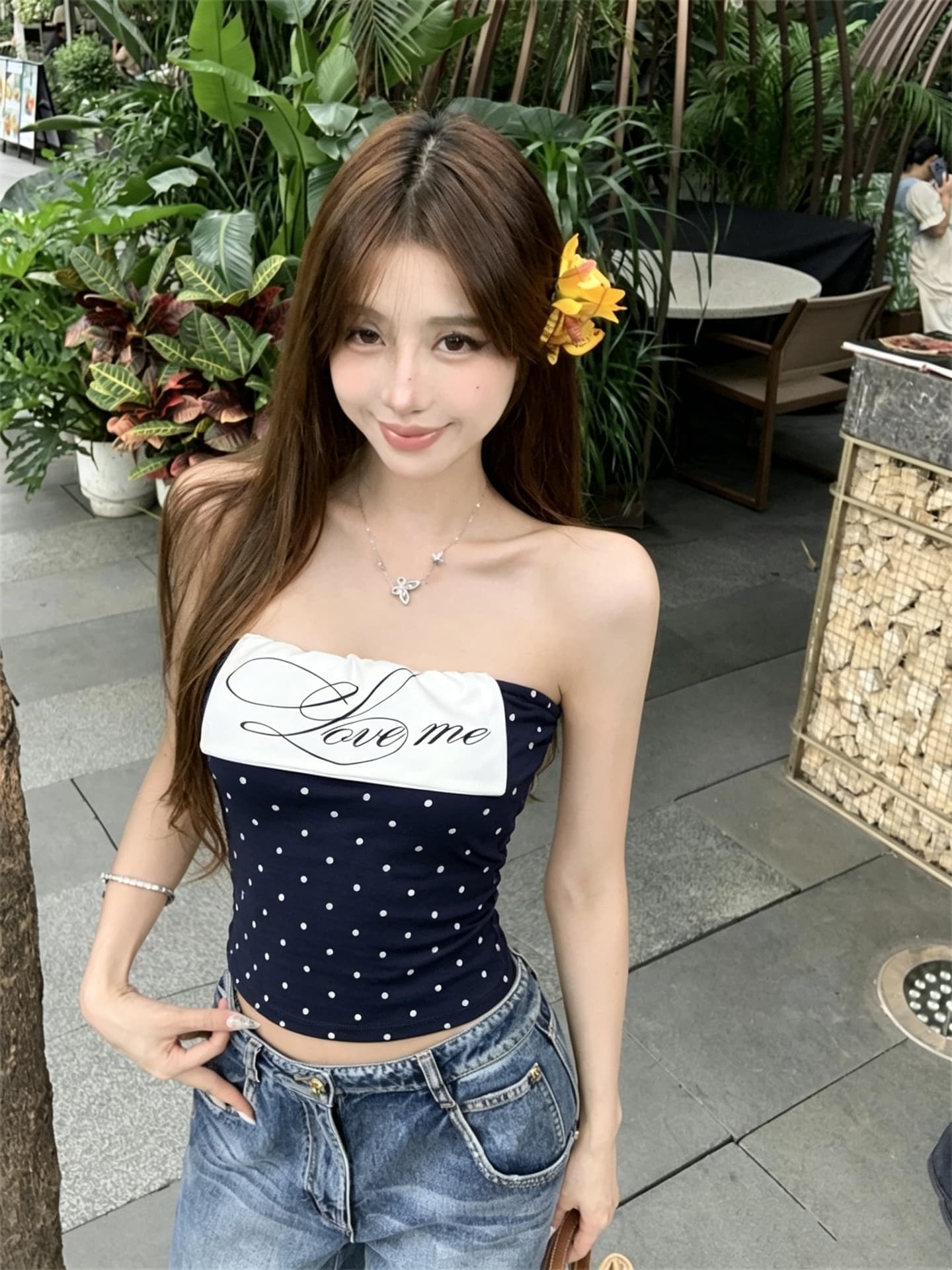 실사 정가 핫걸 배색 도트 무늬 알파벳 몸매 가꾸기 뒤집다 측면 튜브탑 조끼 상세 이미지 1