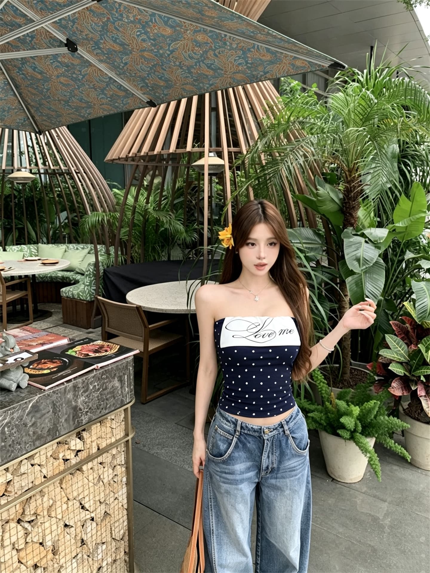 실사 정가 핫걸 배색 도트 무늬 알파벳 몸매 가꾸기 뒤집다 측면 튜브탑 조끼 상세 이미지 4