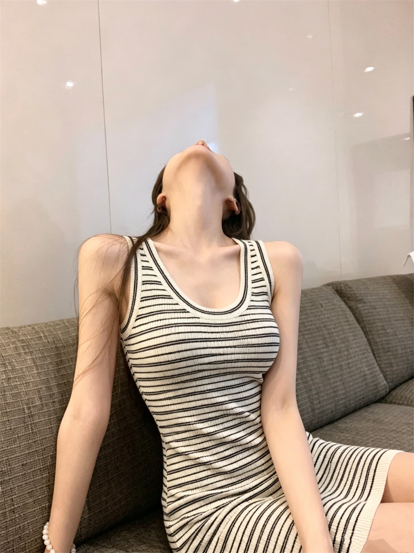 실사 정가 한 부서 스트라이프 몸매 가꾸기 슬림해 보이는 인사이드 가져 가라. 싱글 착용 조끼 원피스 상세 이미지 16