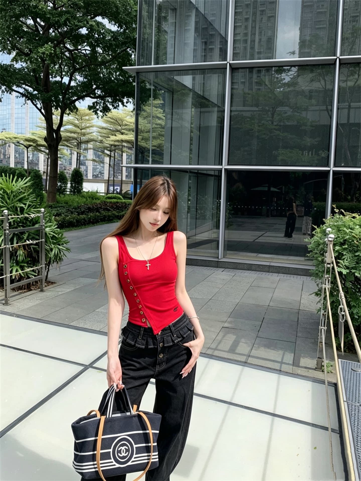 실사 정가 비대칭 트임 디자인 센스 비스듬한 칼라 단추 조끼 민소매 맨위 상세 이미지 7