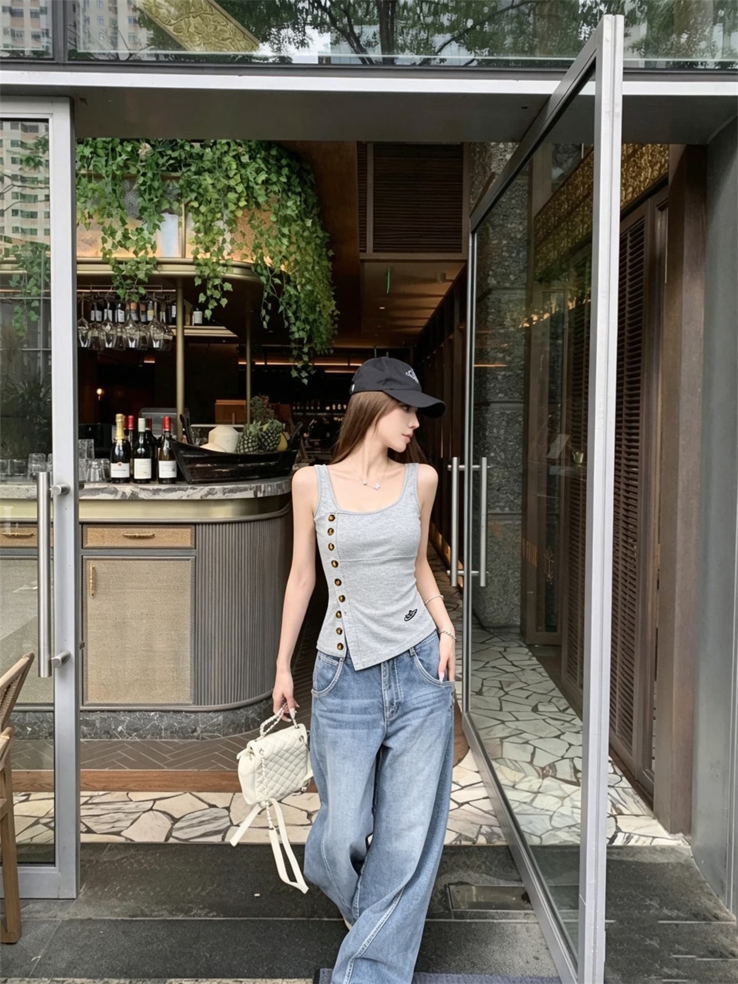 실사 정가 비대칭 트임 디자인 센스 비스듬한 칼라 단추 조끼 민소매 맨위 상세 이미지 9