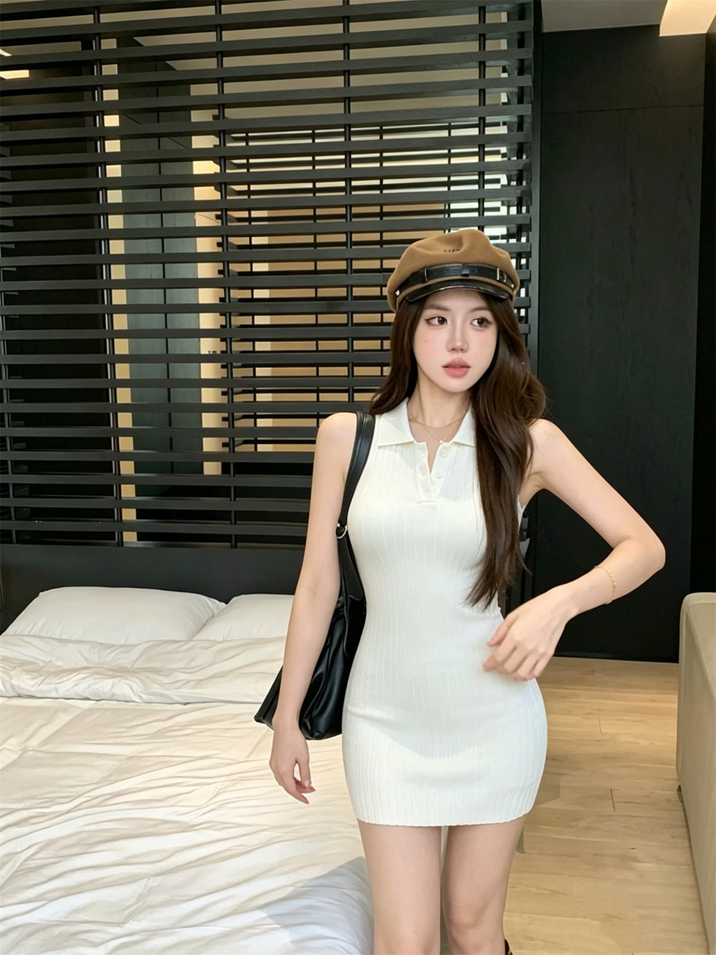실사 정가 미니멀리즘 다용도 단색 폴로 칼라 민소매 조끼 몸매 가꾸기 드레스 이미지 4