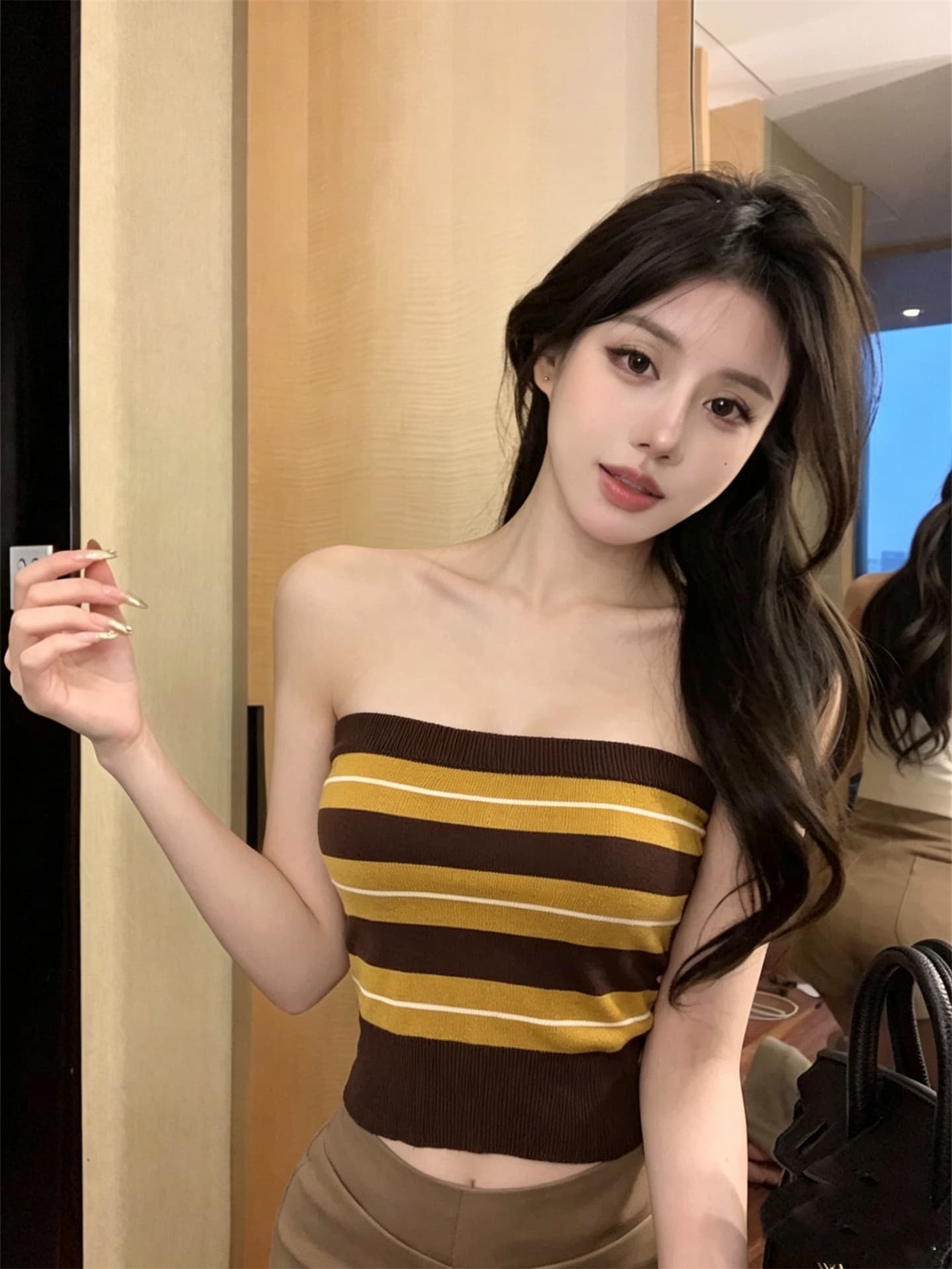 실사 정가 한 부서 패치워크 색상 스트라이프 니트 튜브탑 맨위 상세 이미지 7