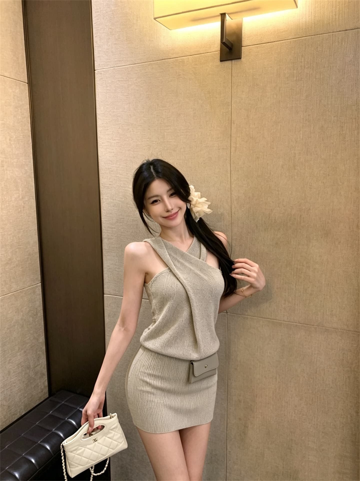 실사 정가 십자가 행침 목 니트 드레스 벨트 힙색 허리 수축 슬림해 보이는 타이트 스커트 상세 이미지 2