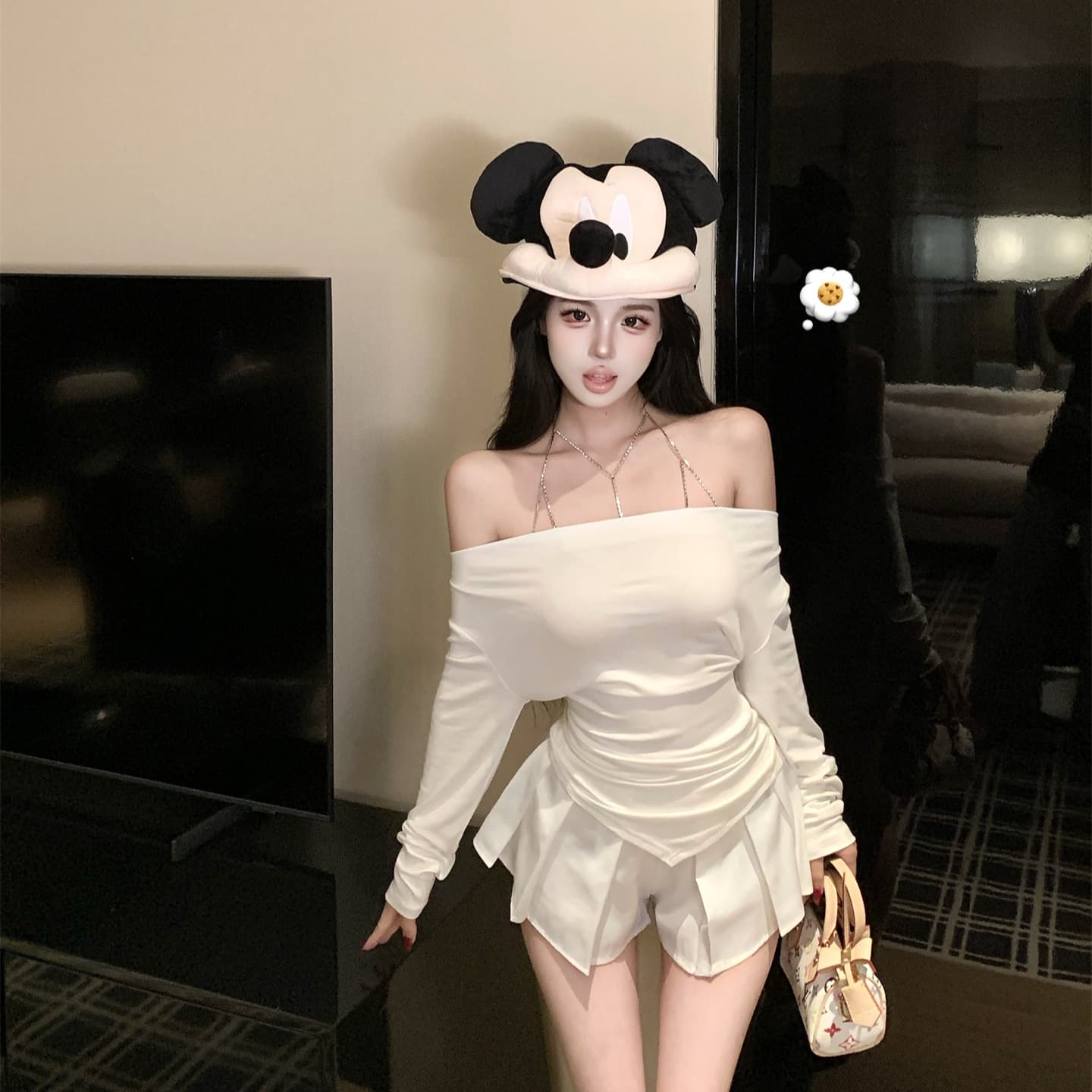 실사 정가 실버 클로 스타일 섹시함 몸 목걸이 오프숄더 긴팔 화이트 레이스 조각 치마바지 이미지 5